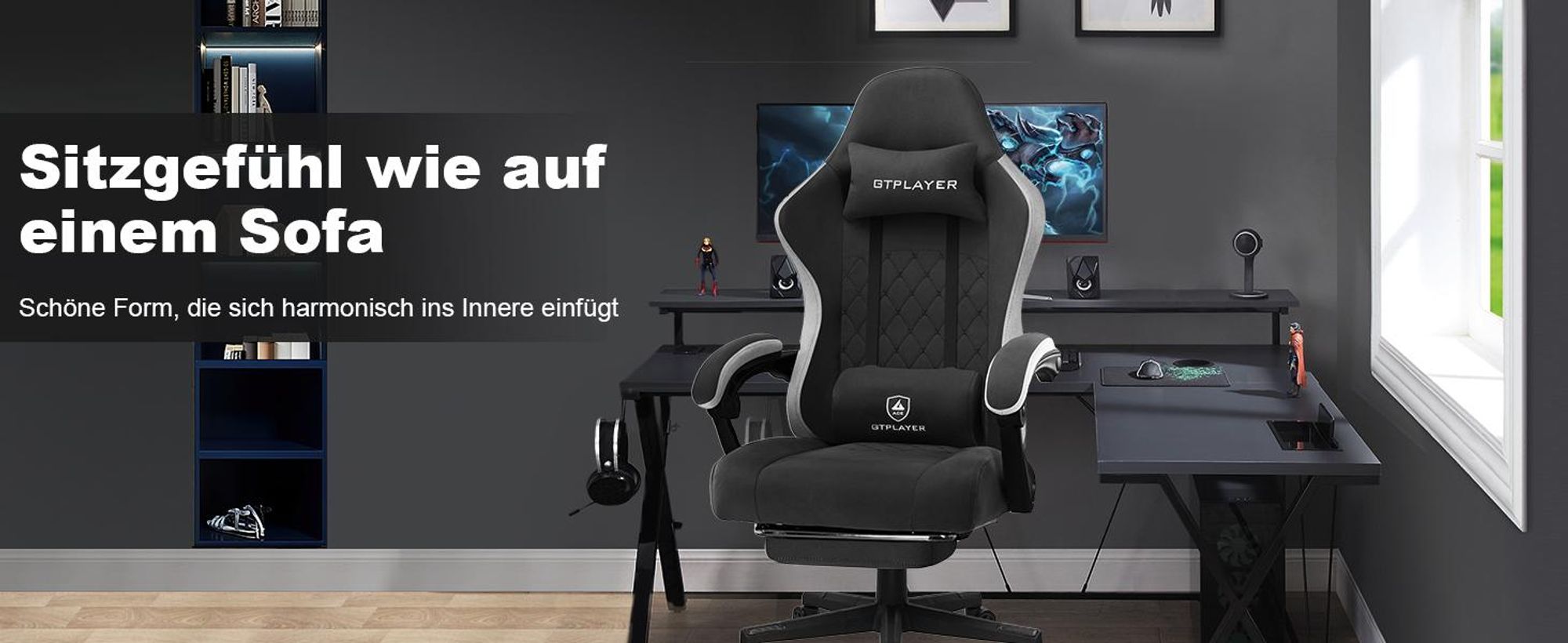 GTPLAYER herné kreslo látkové, herné kreslo s vankúšom, ergonomické otočné kreslo, herné kreslo s opierkou na nohy, nosnosť 150 kg, čierne