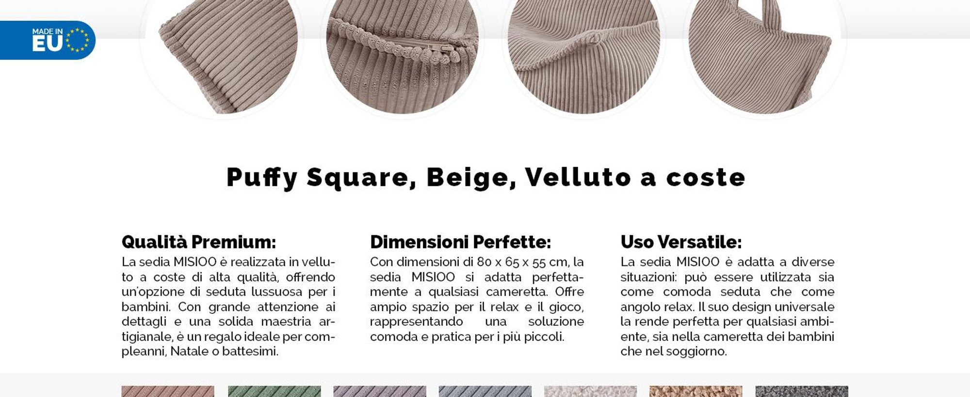 MISIOO Beanbag Kids - Grande beanbag - Grande borsa per bambini - Materiale a coste - 77x67x50 cm - Tessuto lavabile - Maniglia per un facile trasporto - Beige