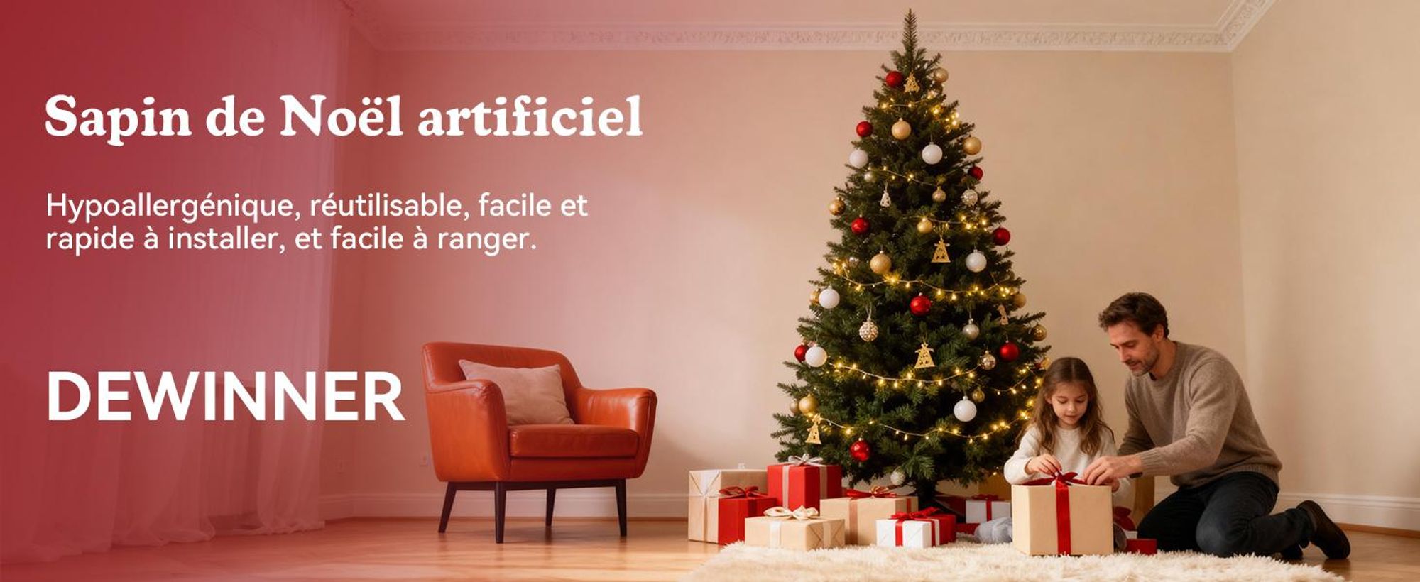Sapin de Noël Artificiel DEWINNER 180 cm,, Branches PE PVC Réglables, Support en Bois Stabilisé, Extra Dense et Réaliste, Montage Rapide