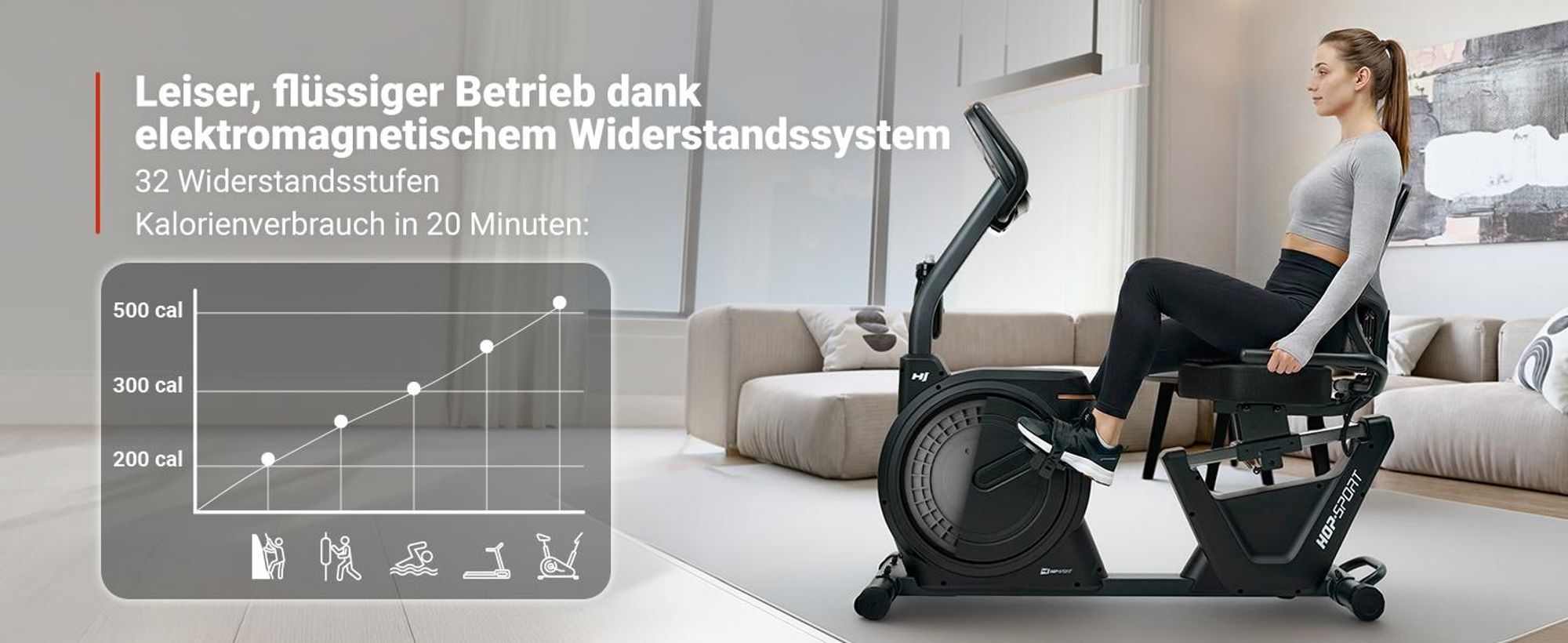 HOP SPORT® HS-5000L Liegeergometer für Zuhause mit Magnetwiderstand | Stationäres Fahrrad | Ergonomischer Sitz | leises Liegerad-Heimtrainer mit Apps