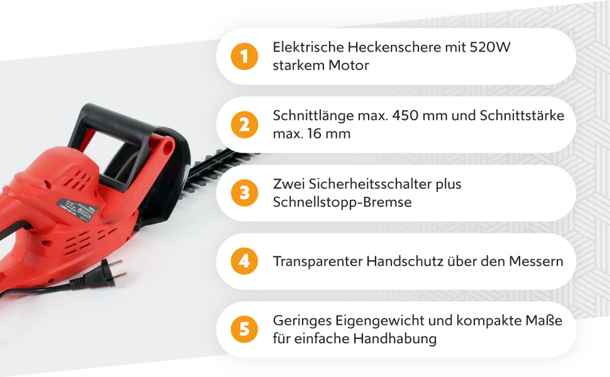 Wiltec Elektrische Heckenschere 520 W, Heckenschneider mit Schnittlänge 450 mm, Heckensäge mit Schnellstopp-Bremse, Freischneider mit Handschutz