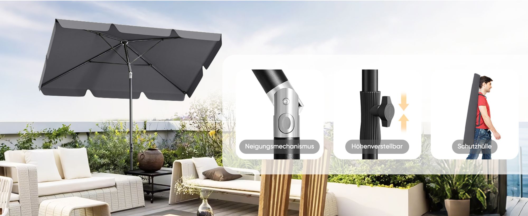 Sekey Sonnenschirm Balkon Rechteckig 200×125 cm Balkonschirm mit Tragetasche Neigungswinkel & Höhe verstellbar Sonnenschutz UPF 50+, Grau