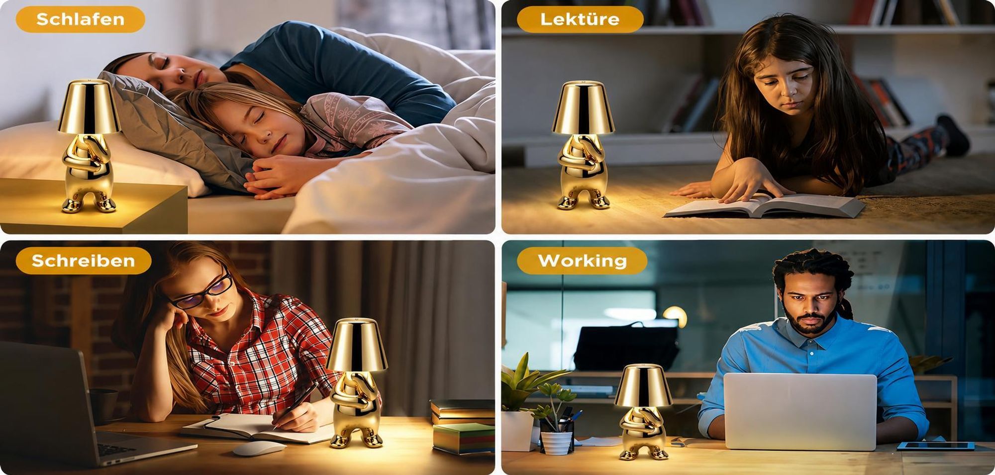 Thinker-Statue LED Nachttischlampe mit Touch-Steuerung,USB-Aufladung,3 Helligkeitsstufen,Kabellose Dimmbare Tischlampe,Dekorative Nachtlicht,(Gold C)