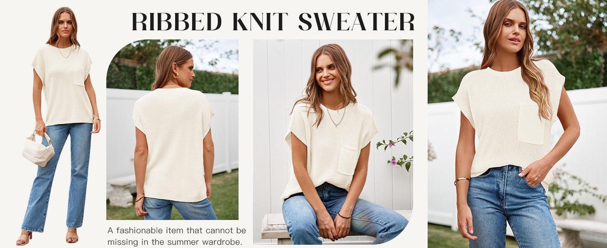 Damen-Strickwaren für Sommer und Herbst – Kurzarm, Rundhalsausschnitt, gerippter Westenstil