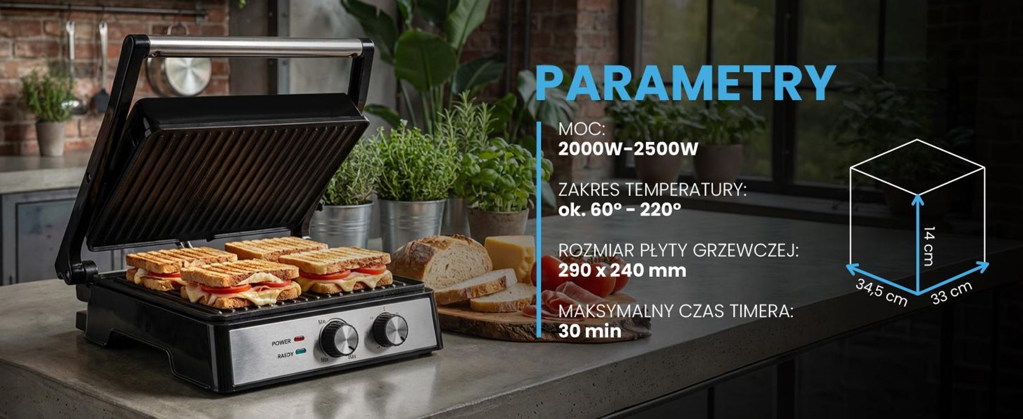 Elektryczny grill kontaktowy z dużą powierzchnią opiekania