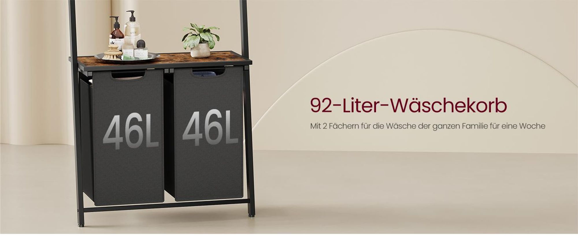 VASAGLE Wäschekorb mit Handtuchleiter, Handtuchständer mit Wäschesammler, 2 x 46 L