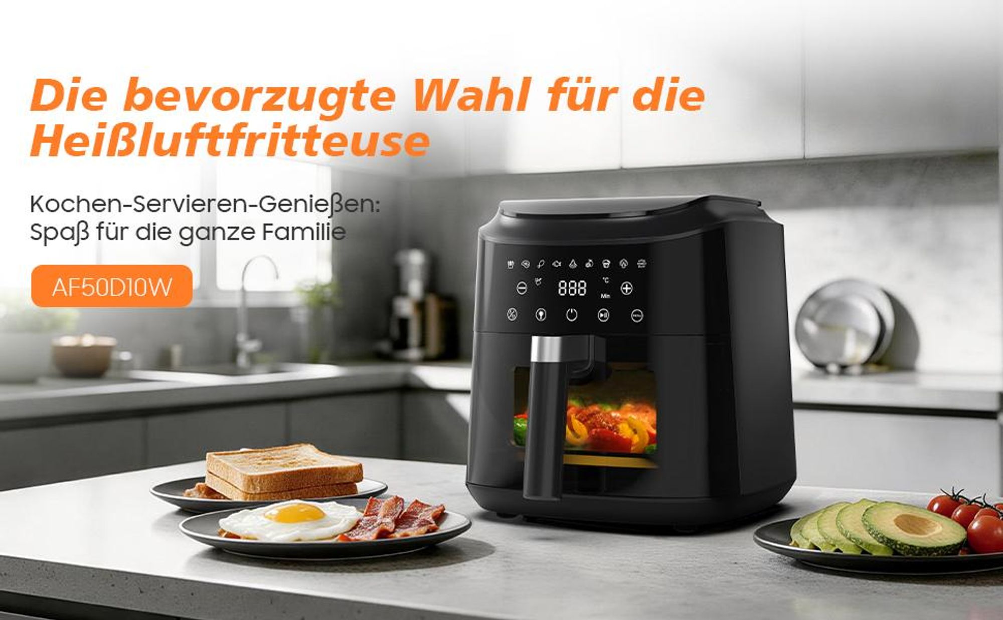Airfryer, 6l Heißluftfritteuse, 9 Programme, 40–240 °C, Warmhalte-Funktion, Sichtfenster, Antihaftbeschichtung, 1650 W, Schwarz