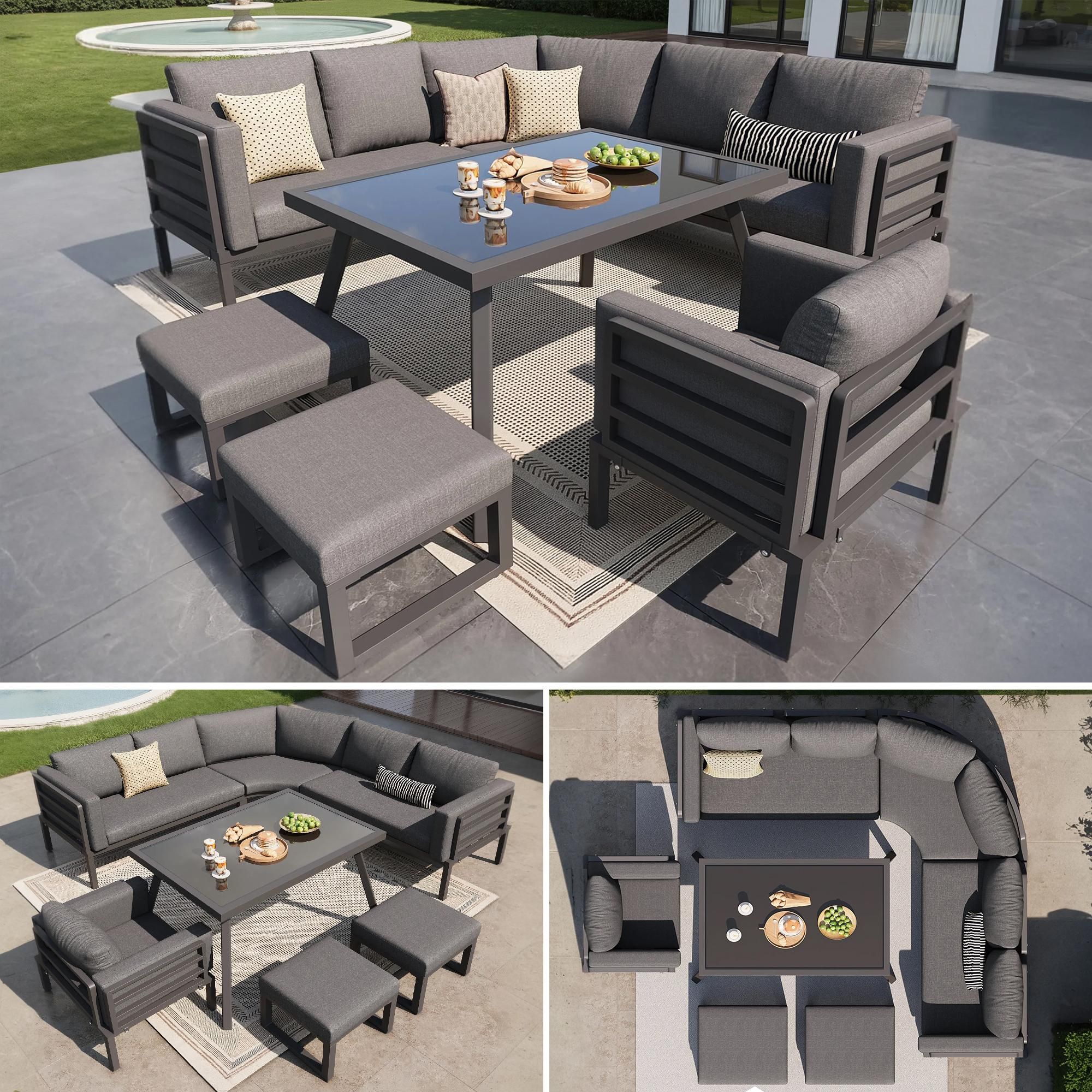 Flieks Gartenlounge-Set 7-tlg für 6-8 Personen, Gartenmöbelset mit Glastisch, Balkonmöbelset aus Eisengestell mit Abnehmbaren Kissen, Garnitur Grau