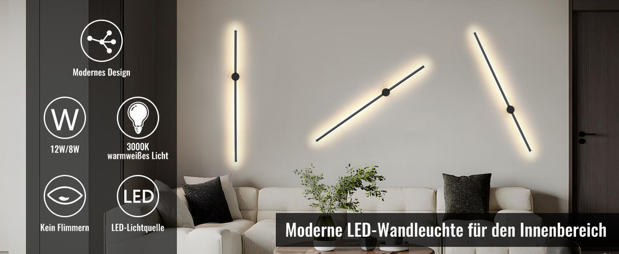 ZMH 2er LED Wandleuchte innen Wandlampe 60CM Schwarz Flurlampe SchwenkbarTreppenhauslampe 3000K Wandbeleuchtung für Wohnzimmer Schlafzimmer Bett Flur
