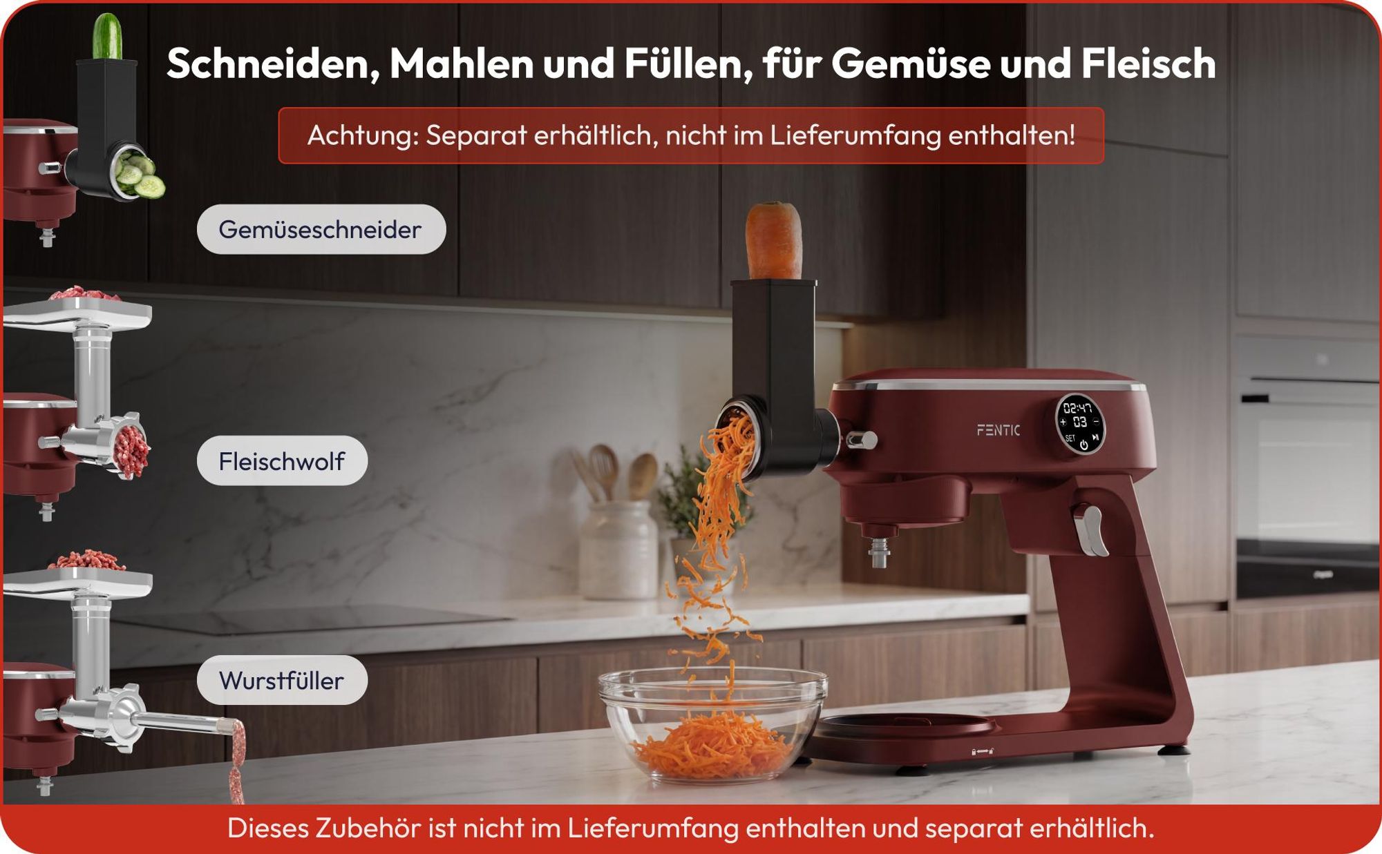 Fentic Küchenmaschine 1800W, 7L Edelstahl-Rührschüssel, Knetmaschine für Brotteig & Pizzateig, Planetenrührwerk, 10 Stufen Timer & Spritzschutz