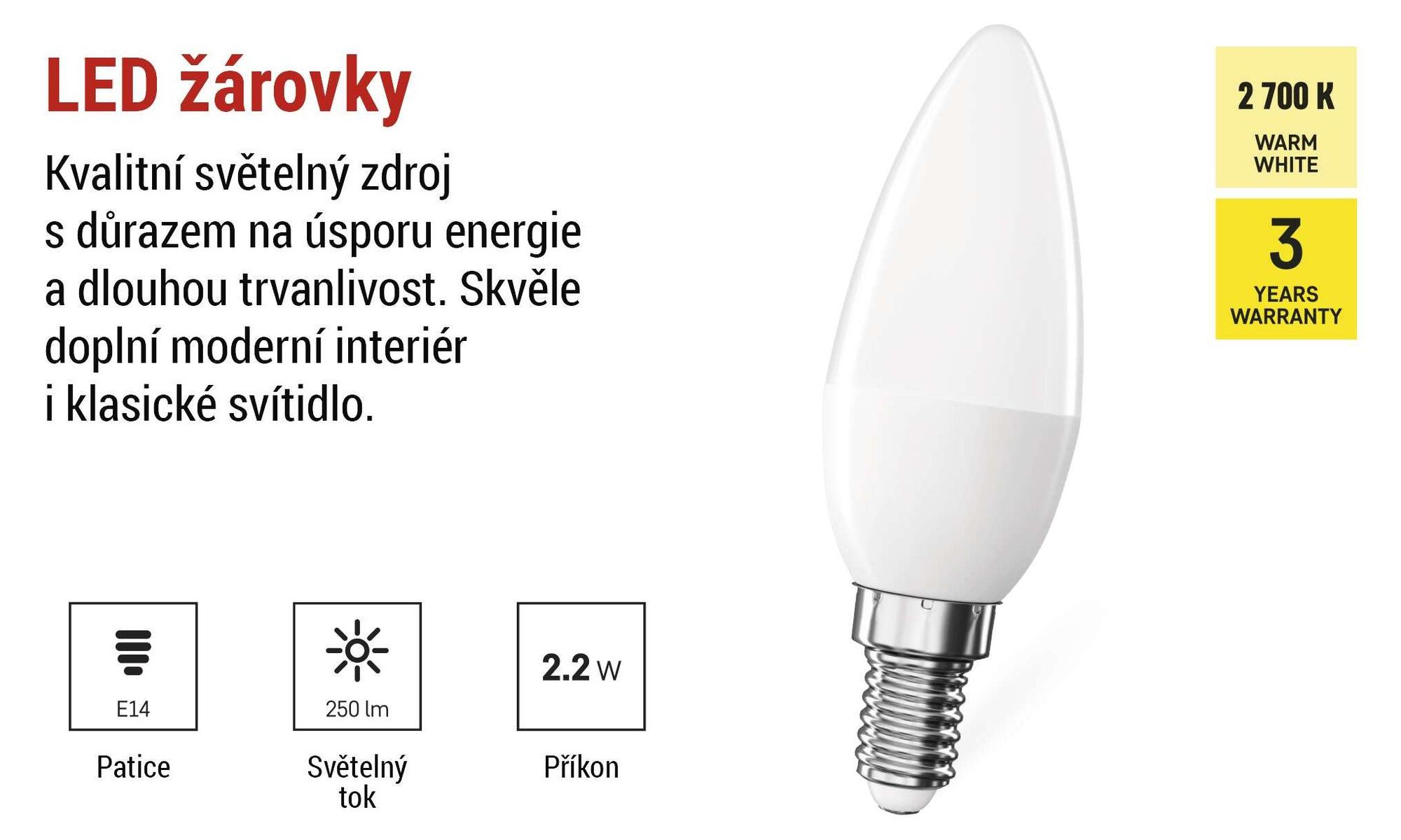 EMOS LED svíčka, 2,2W náhrada za 25W žárovku, svíčka s paticí E14, jas 250 lm, teplá bílá 2700 K, životnost 30000 h, ZQ3E01