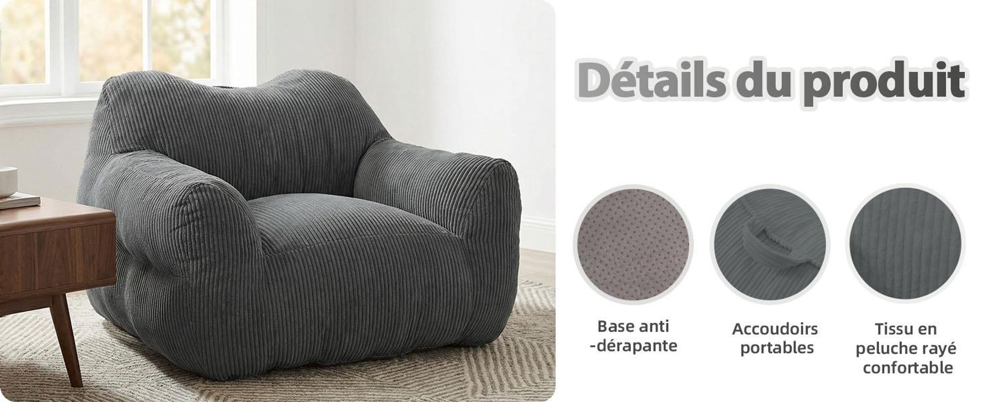 Pouf géant pour adulte, rembourrage en mousse déchiquetée, canapé de sol moelleux, forme carrée, gris