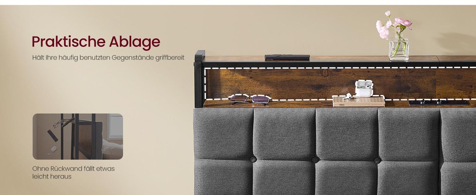 VASAGLE Metallbett 120 x 200 cm mit LED-Beleuchtung, Steckdosen und Stauraum Schwarz