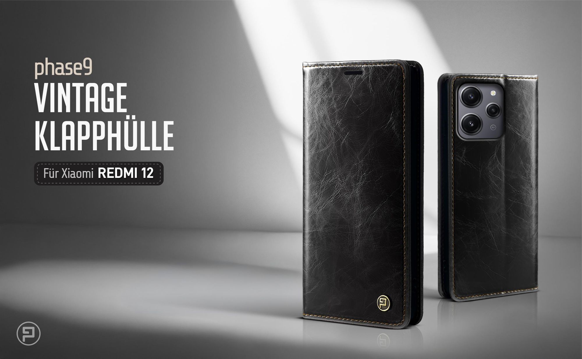Schwarze Klapphülle für Xiaomi Redmi 12 im klassischen Vintage Look