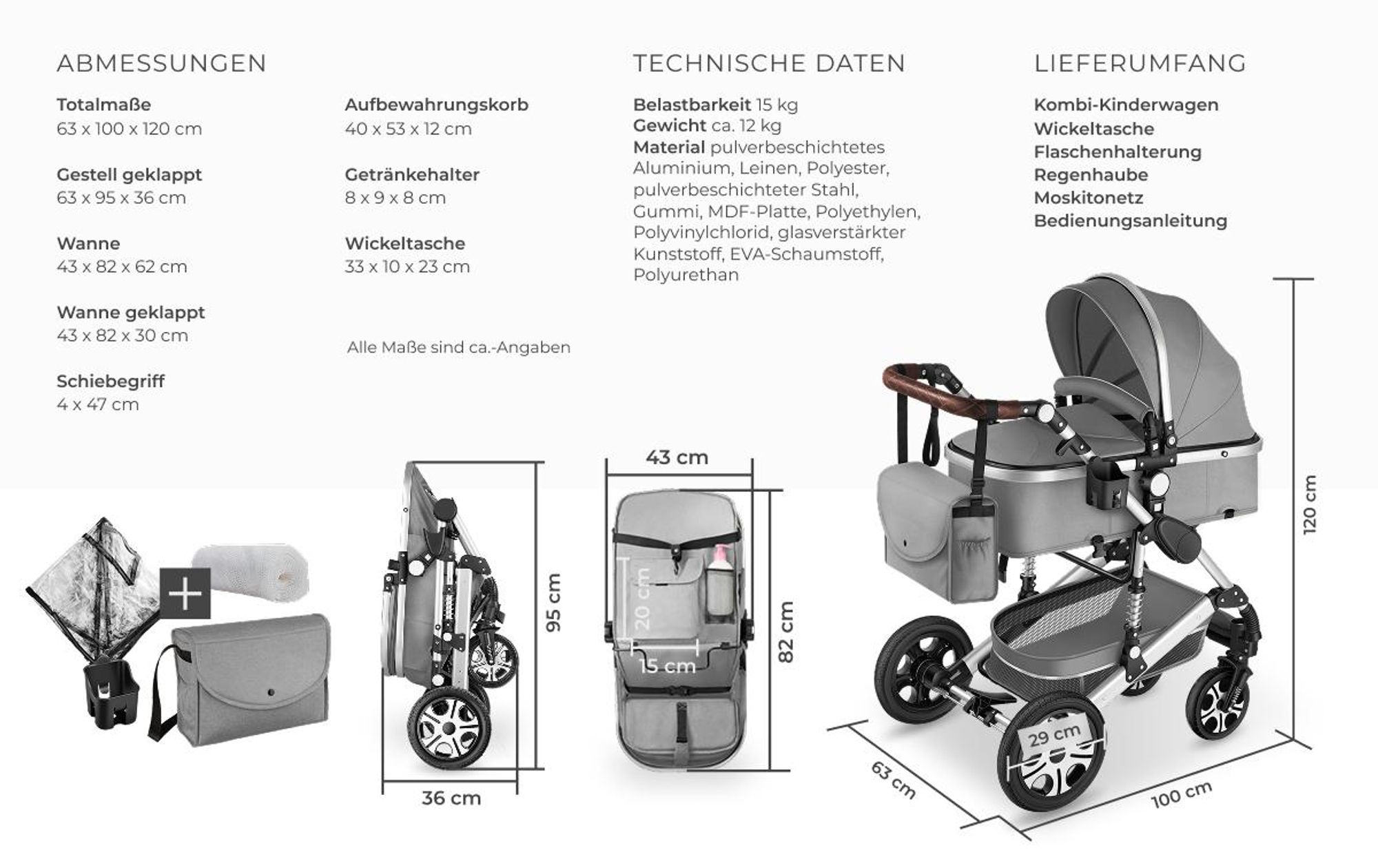 tectake® Kombi-Kinderwagen Mats 2 in 1, klappbar, mit 5-Punkt-Gurt, Bremse, Schutzbügel und Handschlaufe für 0 bis 36 Monate geeignet, Belastbarkeit 15 kg