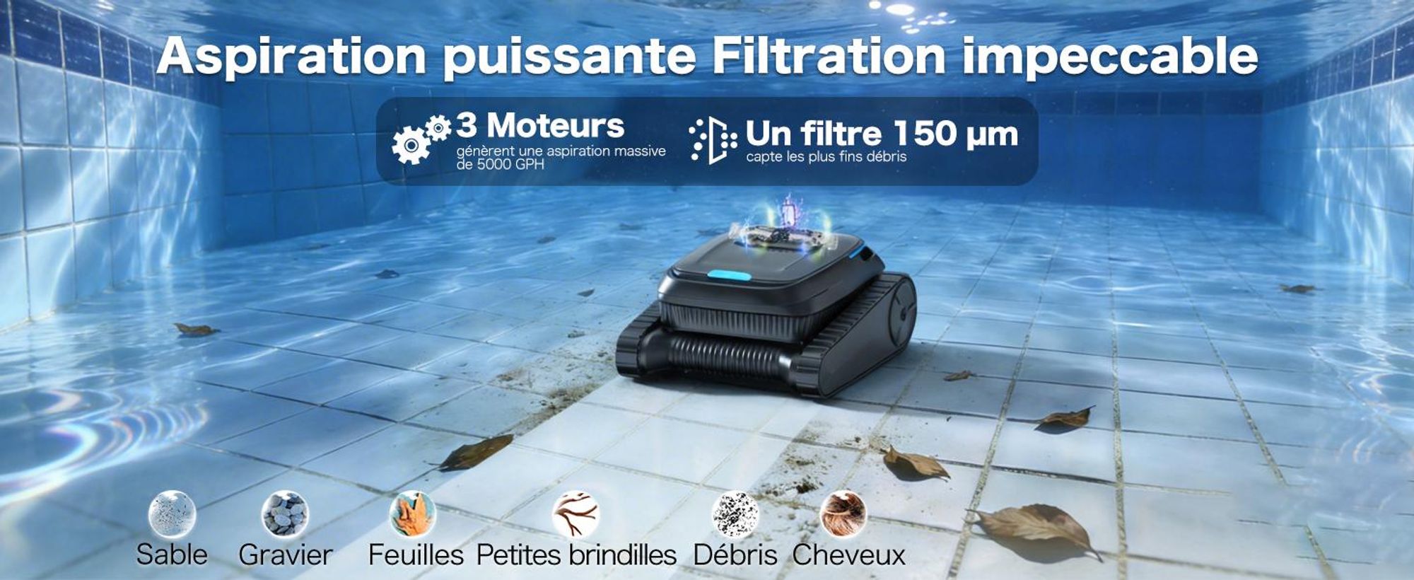Robot de piscine AIRROBO CP20 Sans fil Aspirateur de piscine Stationnement automatique et escalade murale, 3 moteurs 120 min, pour sol/mur/ligne d'eau