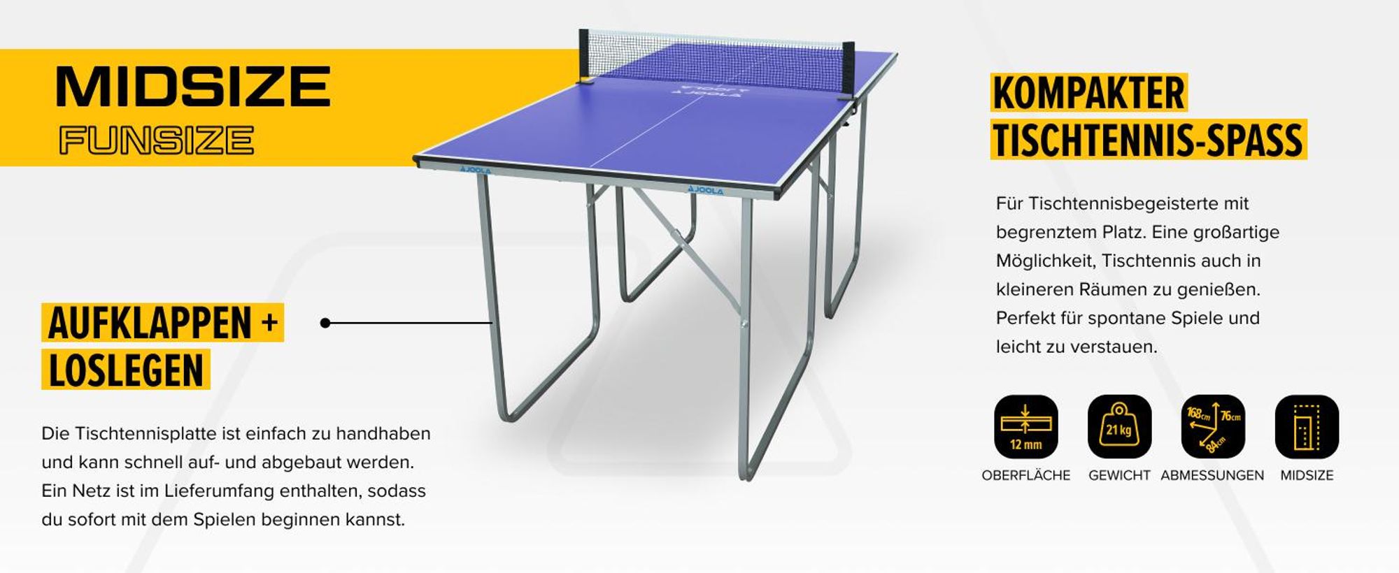 JOOLA Indoor Tischtennisplatte MIDSIZE, klappbarer Tischtennistisch klein inkl. Tischtennisnetz, blau, 168 x 84 x 76 cm
