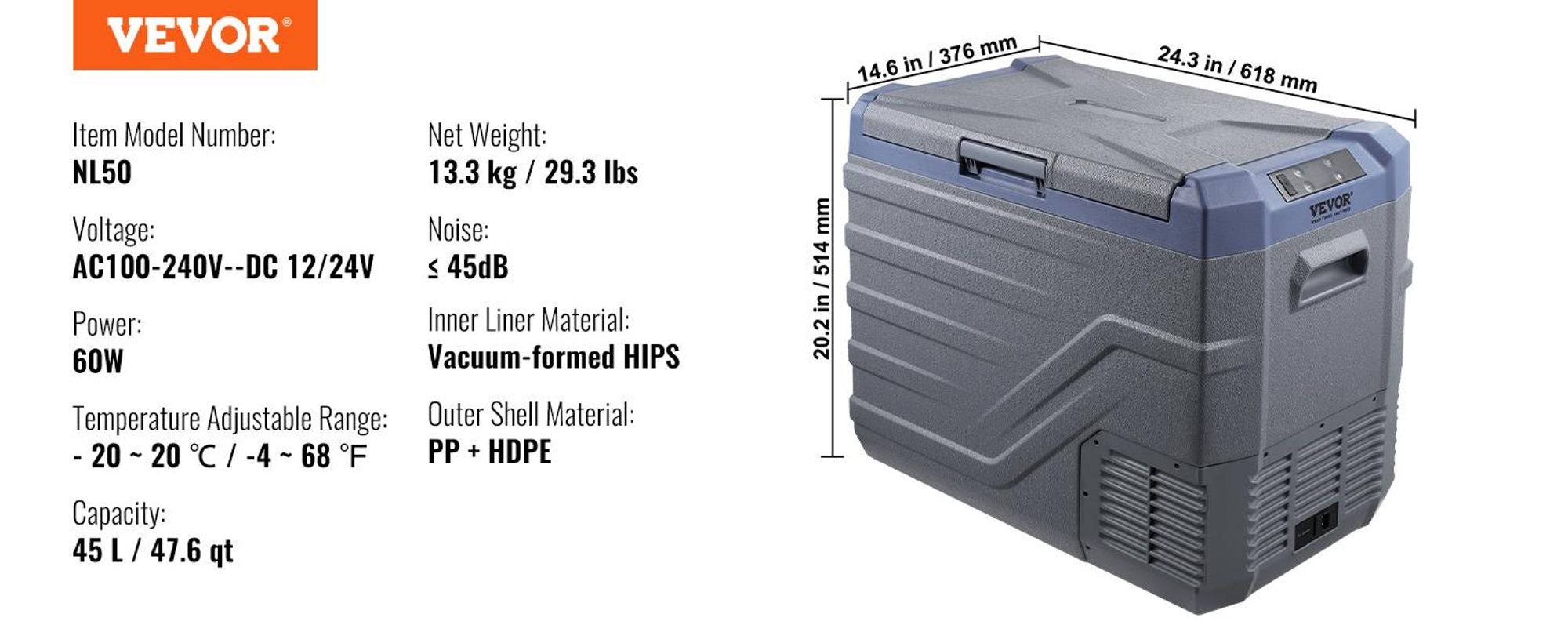 VEVOR Autokühlschrank, 12-Volt-Autokühlschrank, 45-l-Einzelzonen-Tragbarer Gefrierschrank mit eingebautem Licht, -20 °C bis 20 °C, Kompressorkühler für Outdoor, Camping, Wohnmobil