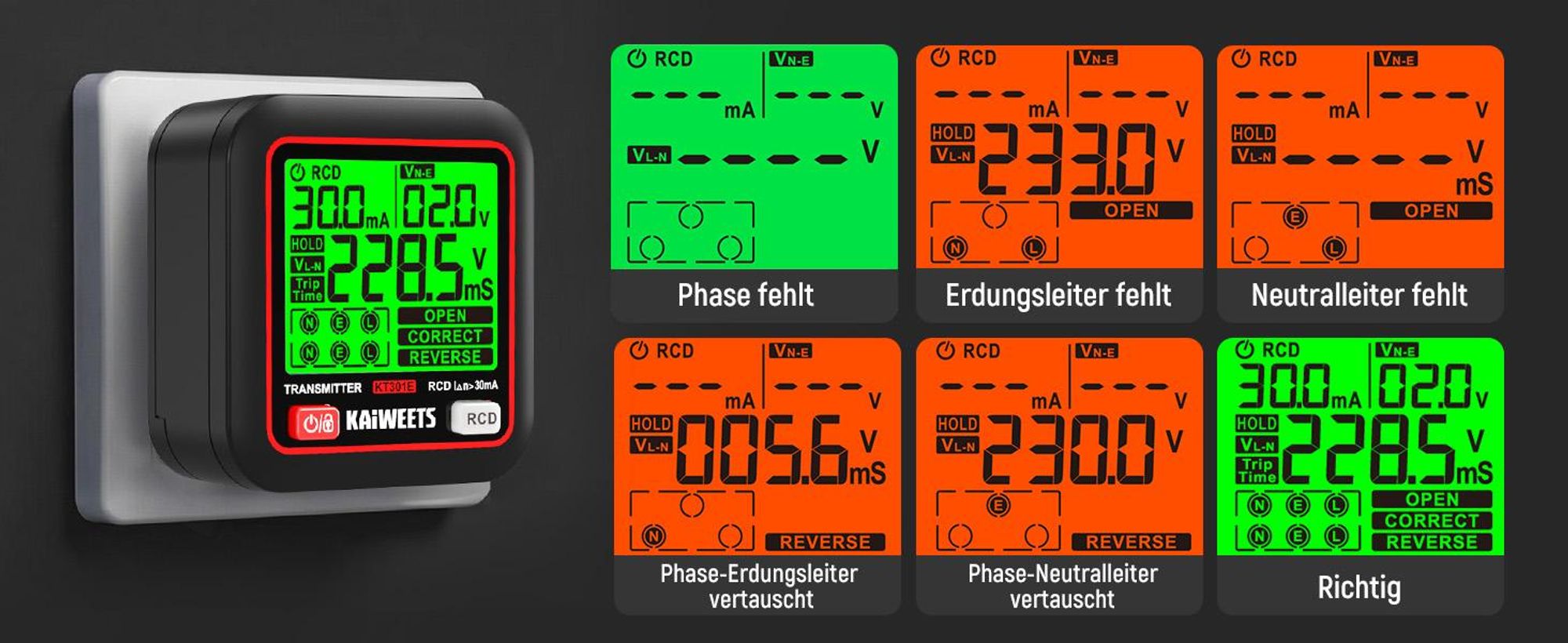 KAIWEETS KT301E Hľadač Ističov s LCD | Tester Zásuviek a RCD Skúšačka