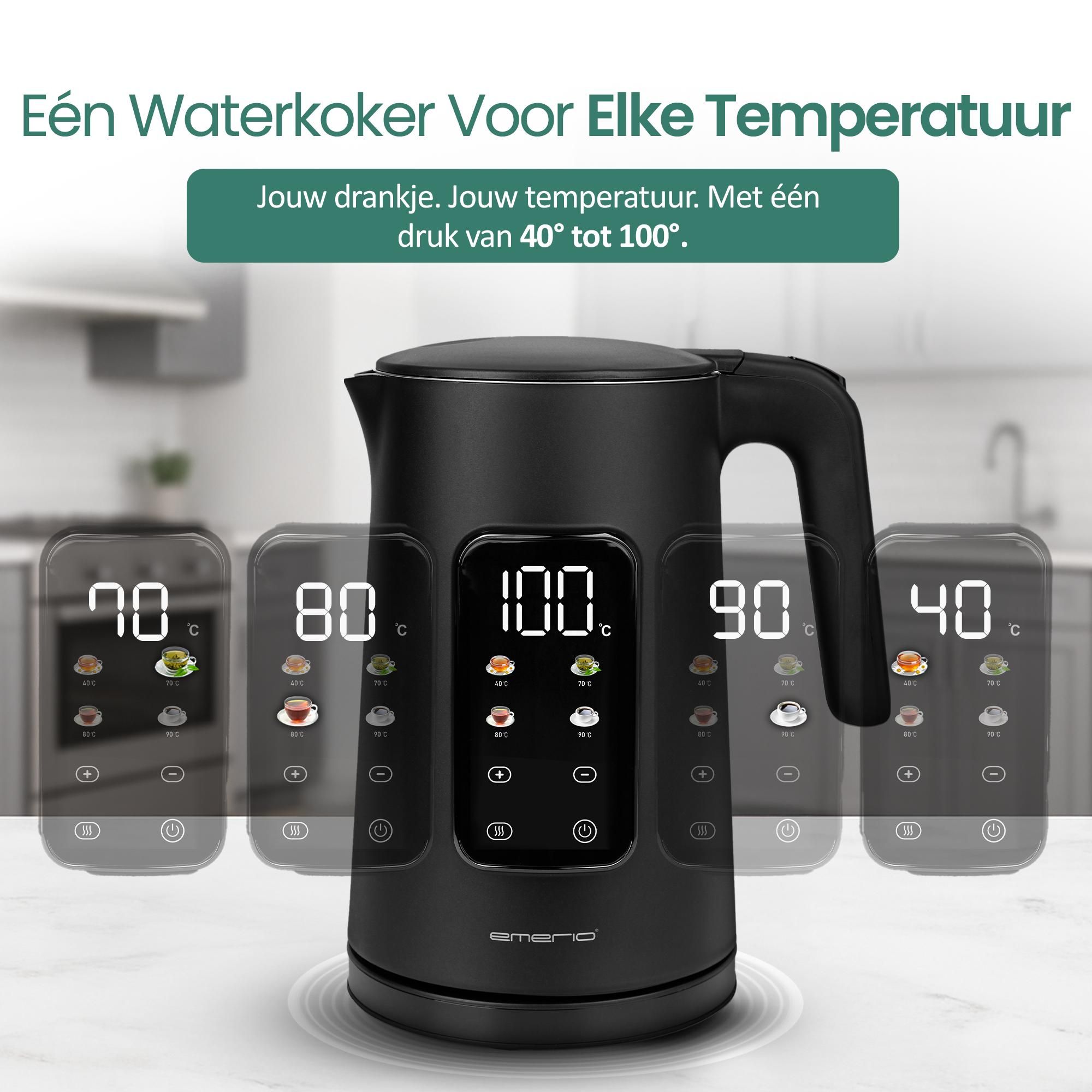 Emerio Waterkoker WK-132229 – 1,7 Liter – 2200 W – Instelbare Temperatuur – Touchbediening – 360° Draaibaar – Warmhoudfunctie – Zwart