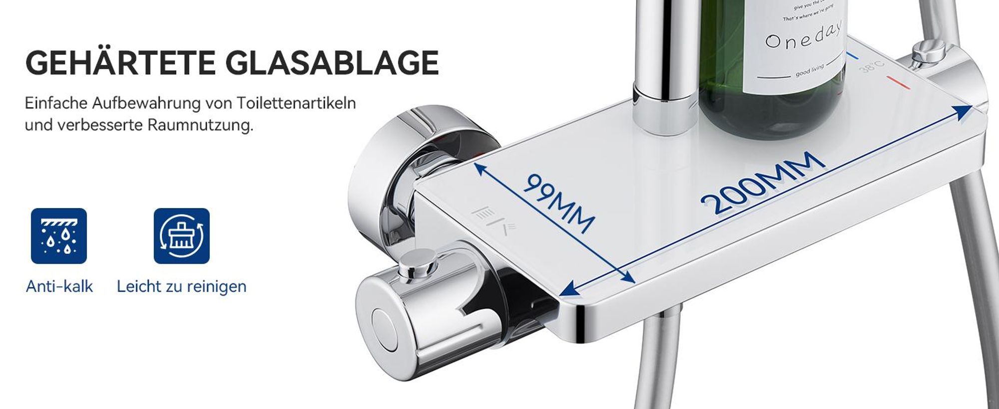 Auralum Duschsystem mit Thermostat und Glasablage, Duscharmatur Komplettset mit 12 Zoll Regendusche Kopfbrause, 3 Strahlarten Duschkopf Wassersparend