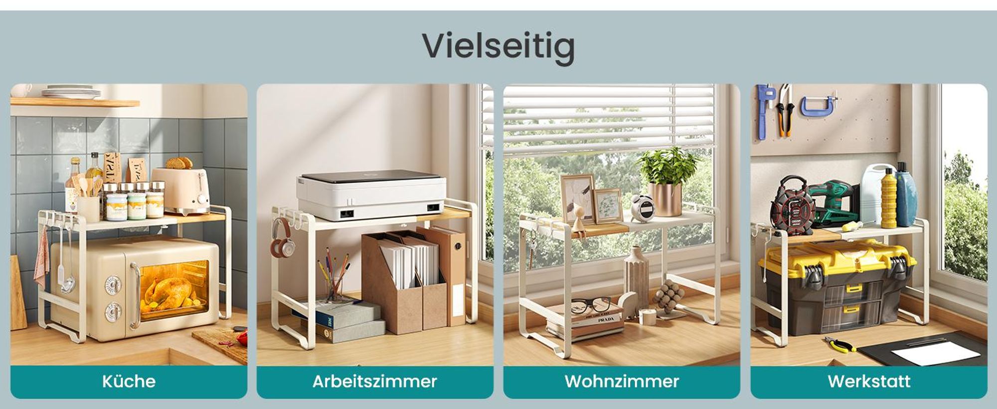 Erweiterbares Mikrowellen-Regal, Mikrowellenständer, 41,5-64 cm verstellbare Breite, Stahl und Bambus, 4 Haken, cremeweiß-naturbeige