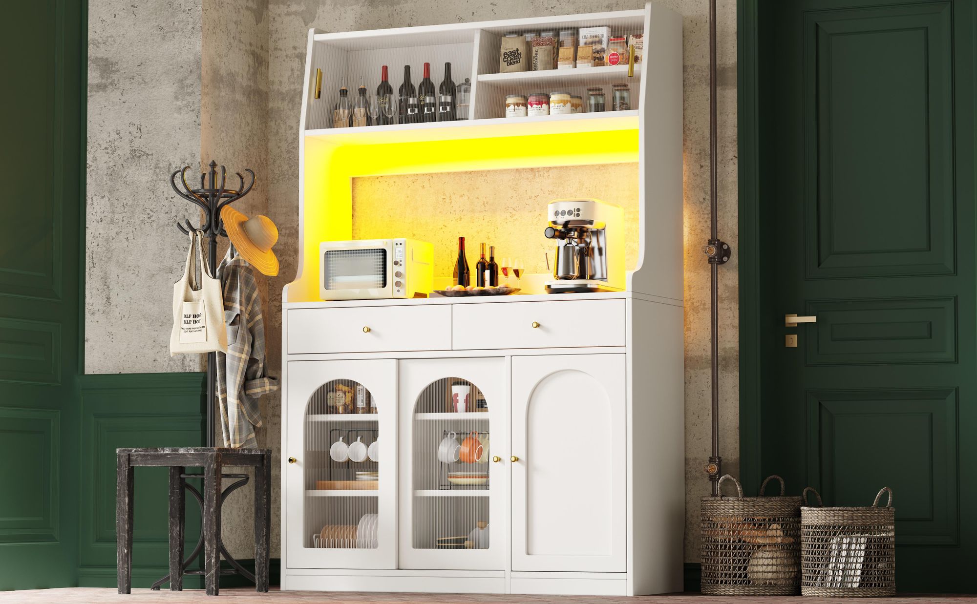 Flieks Hochschrank mit LED und Glasschiebetüren, Aufbewahrungsschrank 120x40x180 cm, Küchenbuffet mit Verstellbaren Ablagen, weiß