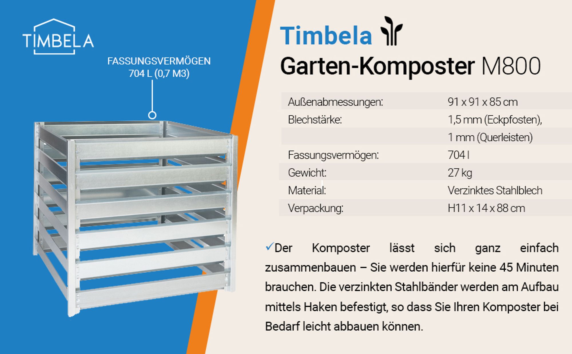 Komposter Garten Metall 704L – TIMBELA M800 Komposter 91 x 91 x H85 cm – Metallkomposter verzinkt, großer Kompostbehälter Garten, stabil, wetterfest