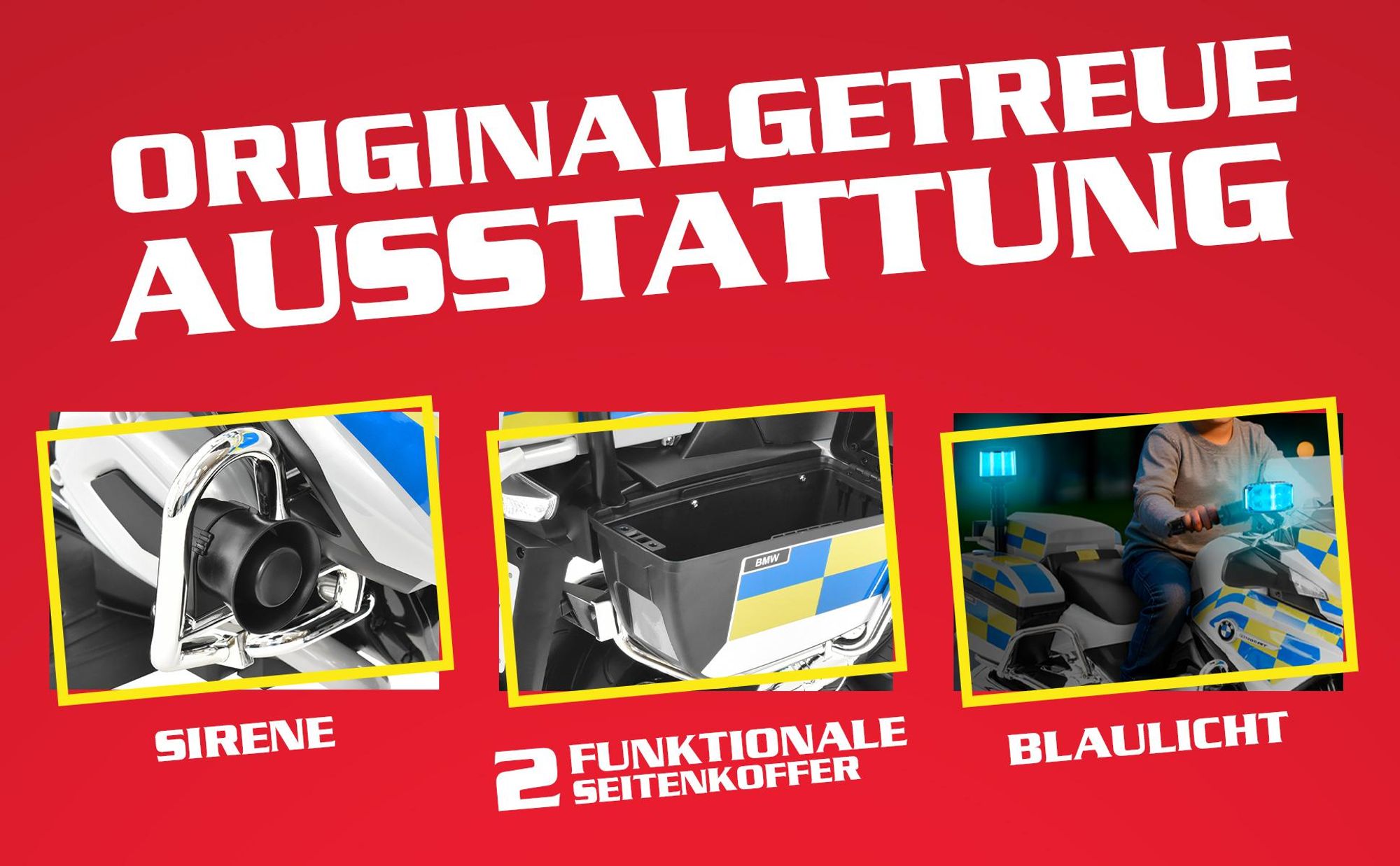 HECHT Kinder Motorrad | BMW R1200RT Polizei | bis 6km/h | 35W | mit Stützräder | Koffer | Radio | Blaulicht | Sirene
