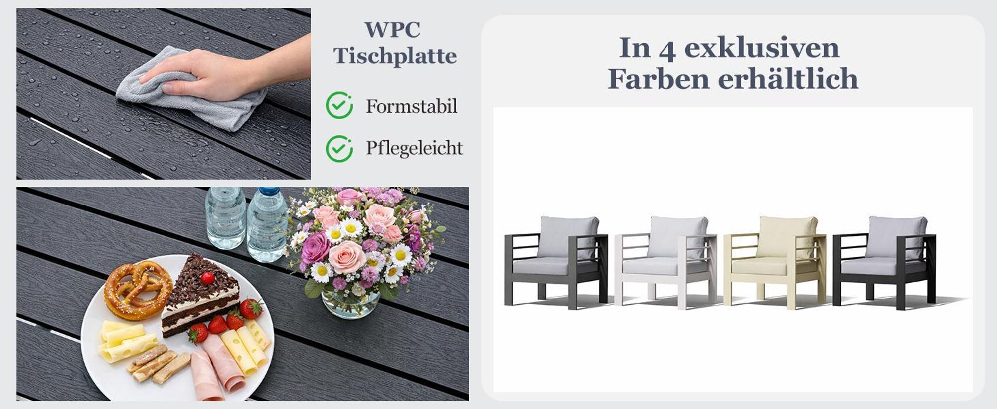 MeXo Gartenlounge-Set Gartenmöbel Set Aluminium Wetterfest 6-7 Personen, mit 12cm Deluxe Relax-Sitzkissen, pflegeleichte Polywood-Tischplatte