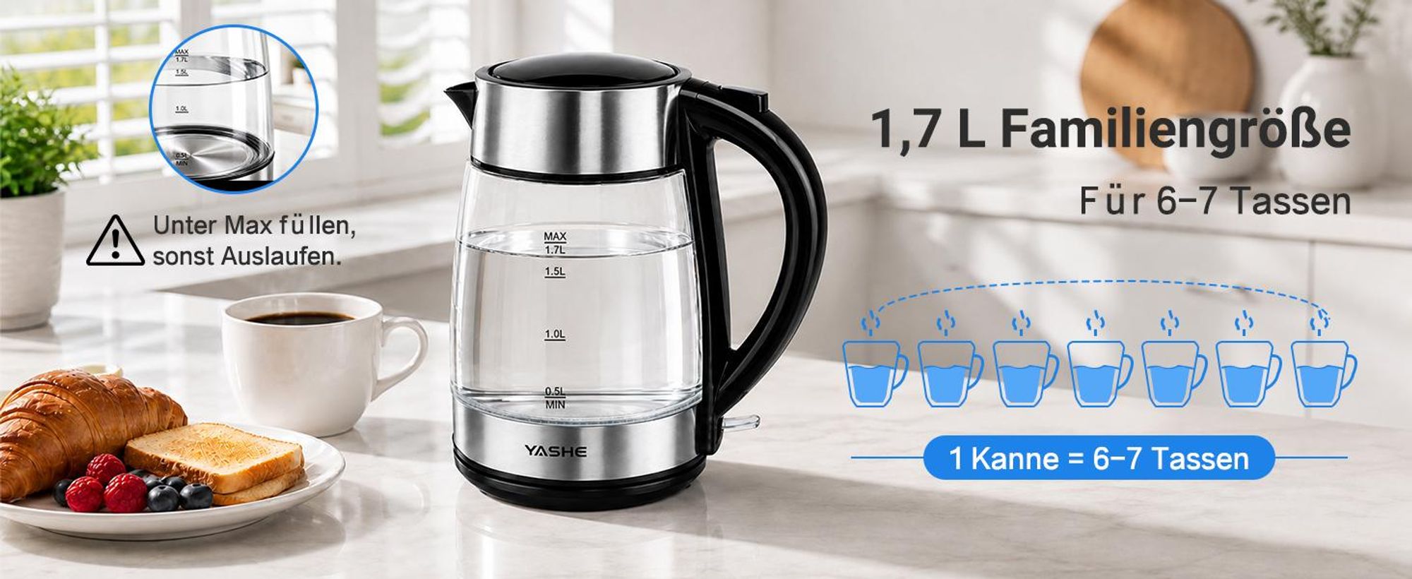 YASHE Wasserkocher Glas 1,7L 2200W mit Schnellkochfunktion und LED-Licht
