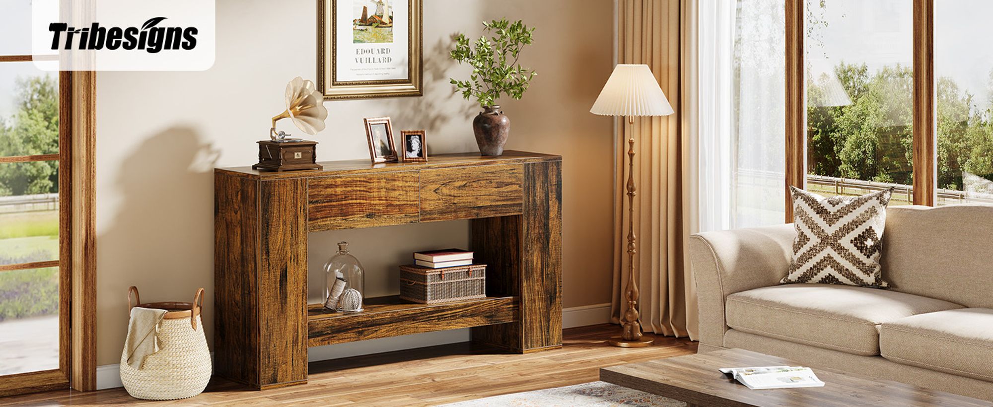 Tribesigns Konsolentisch mit 2 Schubladen, 140 cm, Holz-Sofatisch hinter der Couch, 2-stufige Eingangskonsole für Eingang, Korridor, Wohnzimmer, Flur