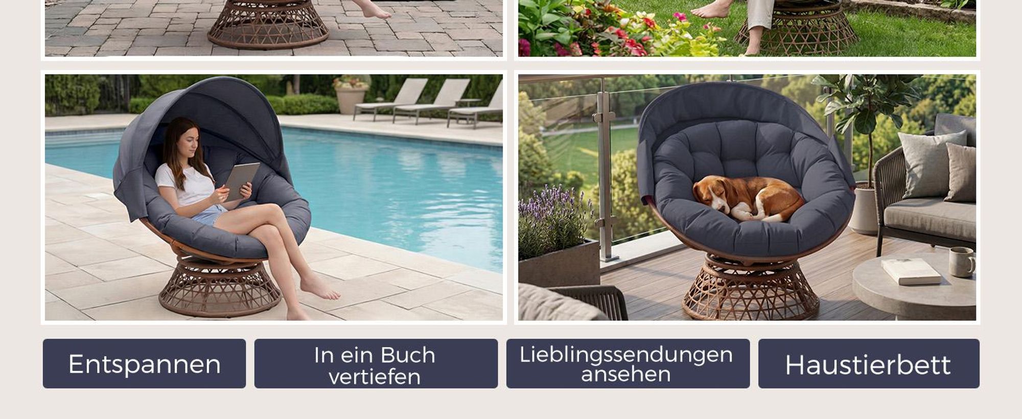 COMHOMA Papasansessel, gemütlicher Drehsessel mit Kissen rund, bequemer Rattansessel, Loungesessel drehbar, runder Relax Korbsessel Rattan, GRAU
