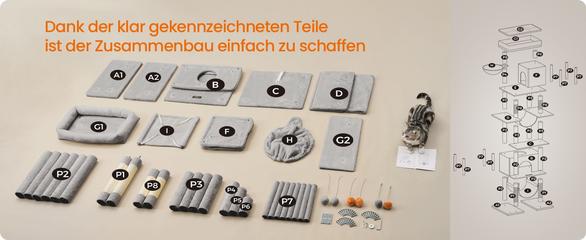 FEANDREA Kratzbaum groß, 201 cm, mehrstöckiger Katzenbaum, Kippschutz hellgrau