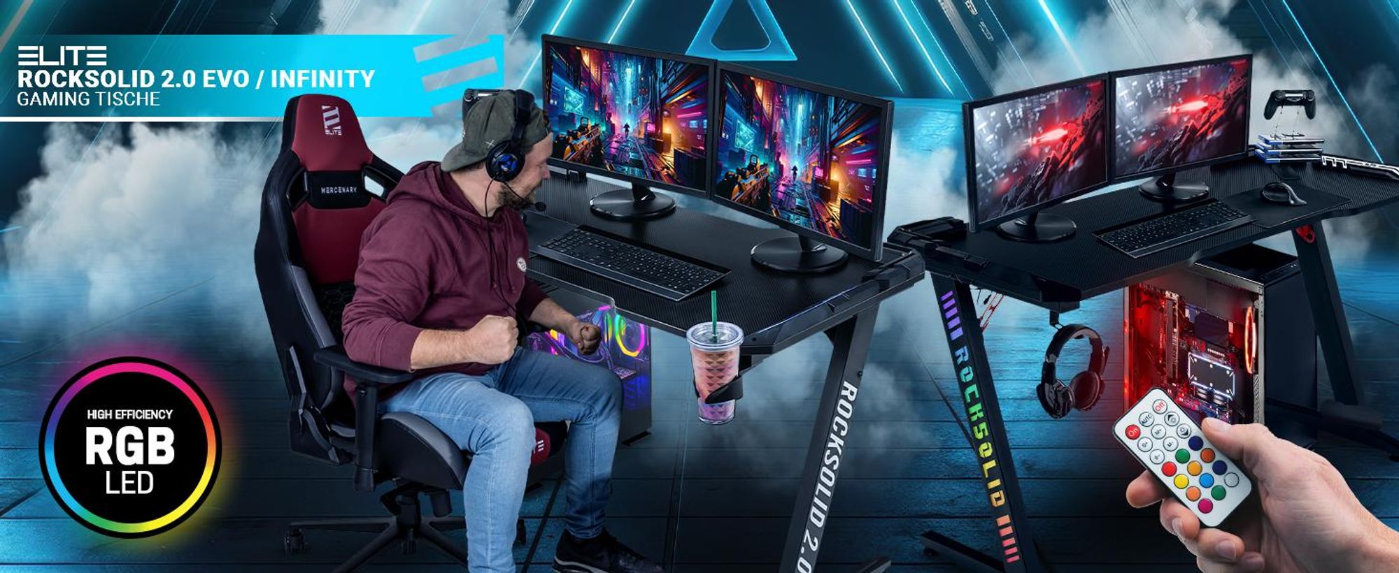 Elite Gaming Schreibtisch | Computertisch - Gamingtisch - Bürotisch - Tisch - RGB-Beleuchtung - Controller-, Headset- & Getränke Halterung 115 x 69 cm