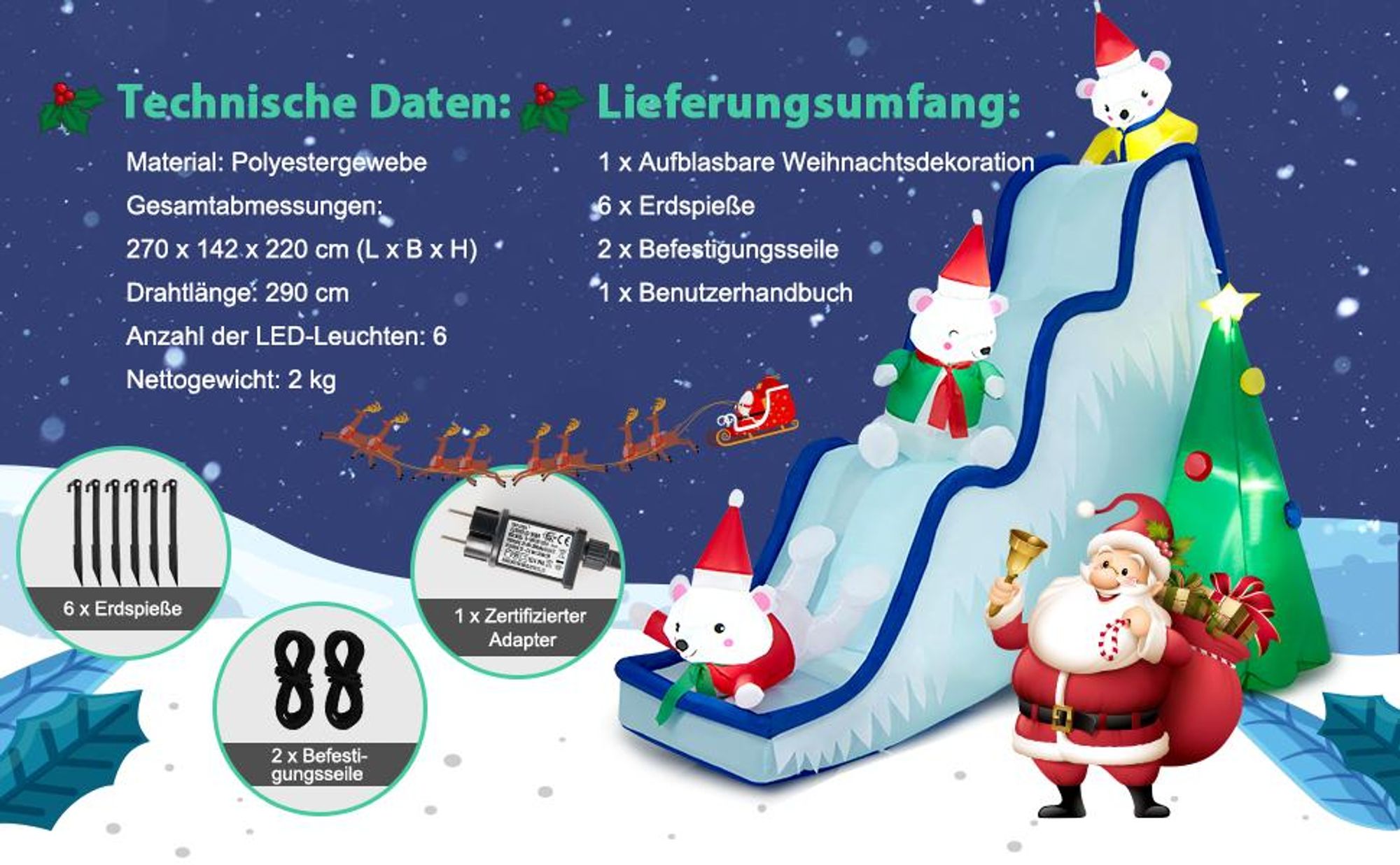 COSTWAY 220cm Aufblasbare Weihnachtsrutsche LED, beleuchtete  Weihnachtsdekoration mit Gebläse, Schneerutsche, Weihnachtsbaum & 3 Eisbären