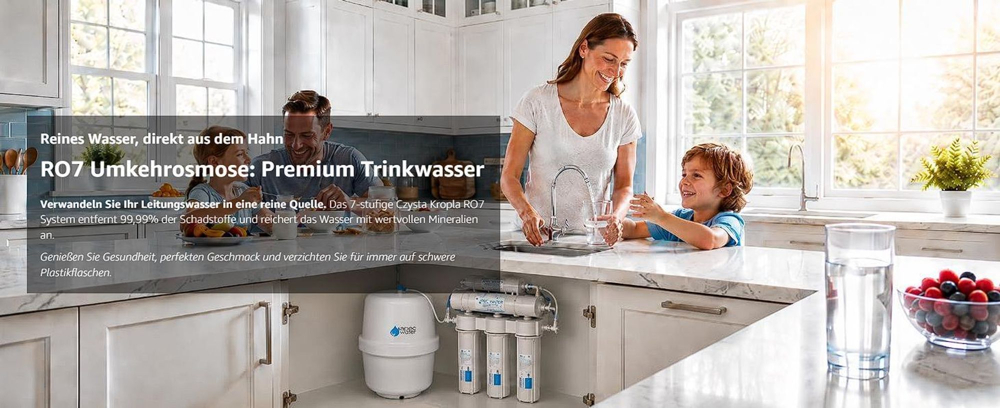 Ari RO7 Umkehrosmoseanlage 7 Stufen, 75 GPD, 12 L Tank, Mineralisierung & Biokeramik, Wasserfilter Küche inkl. Doppelhahn & QC-Anschlüssen