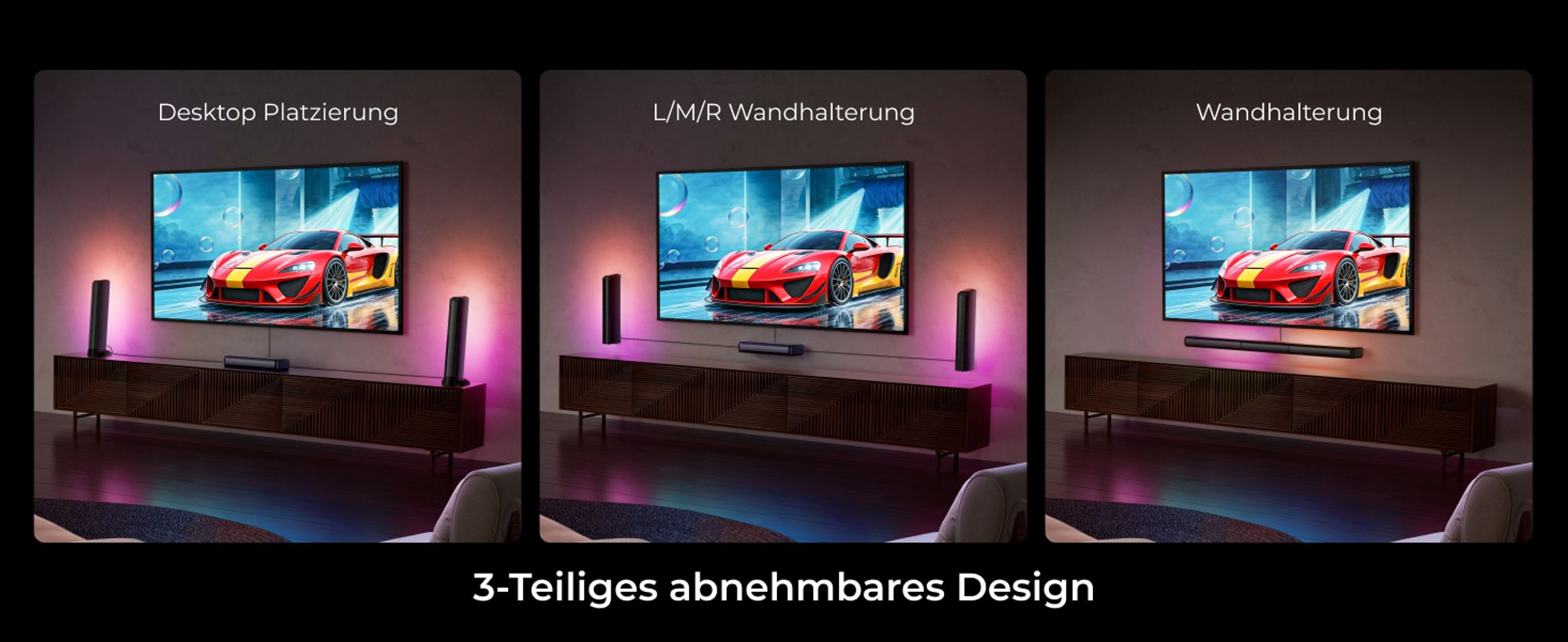 ULTIMEA 7.1ch abnehmbare Soundbar mit RGB Licht, Virtual Surround Sound System mit Subwoofer, 2 Surround Lautsprecher, 410W