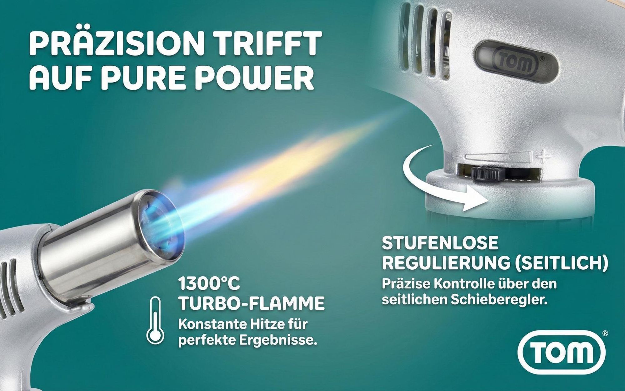 Flambierbrenner Crème Brulée Brenner Küchenbrenner Set | mit 1 x 100ml Gas Kartusche | 1300°C | Piezozündung Flambierer Gasbrenner TOM GB-400
