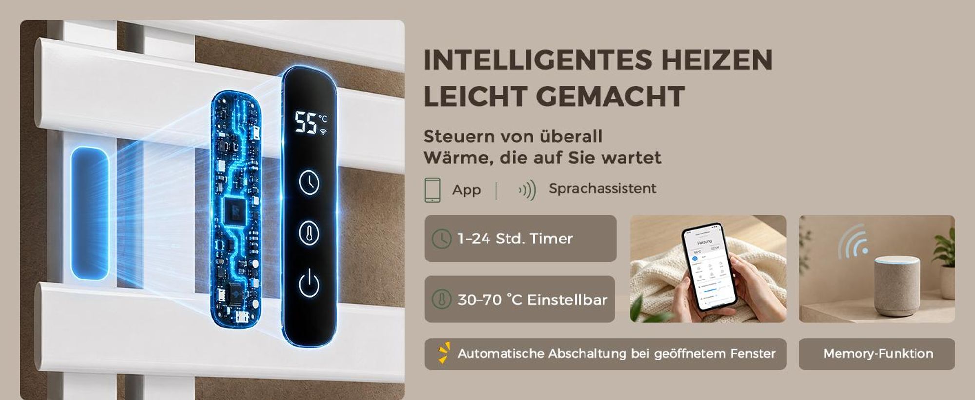 S'AFIELINA Handtuchheizkörper elektrisch mit Ablage 1050×500 mm 335W Weiß,Smart Handtuchwärmer mit WLAN-App, Carbonfaser-Heizung, 6 Heizmodi