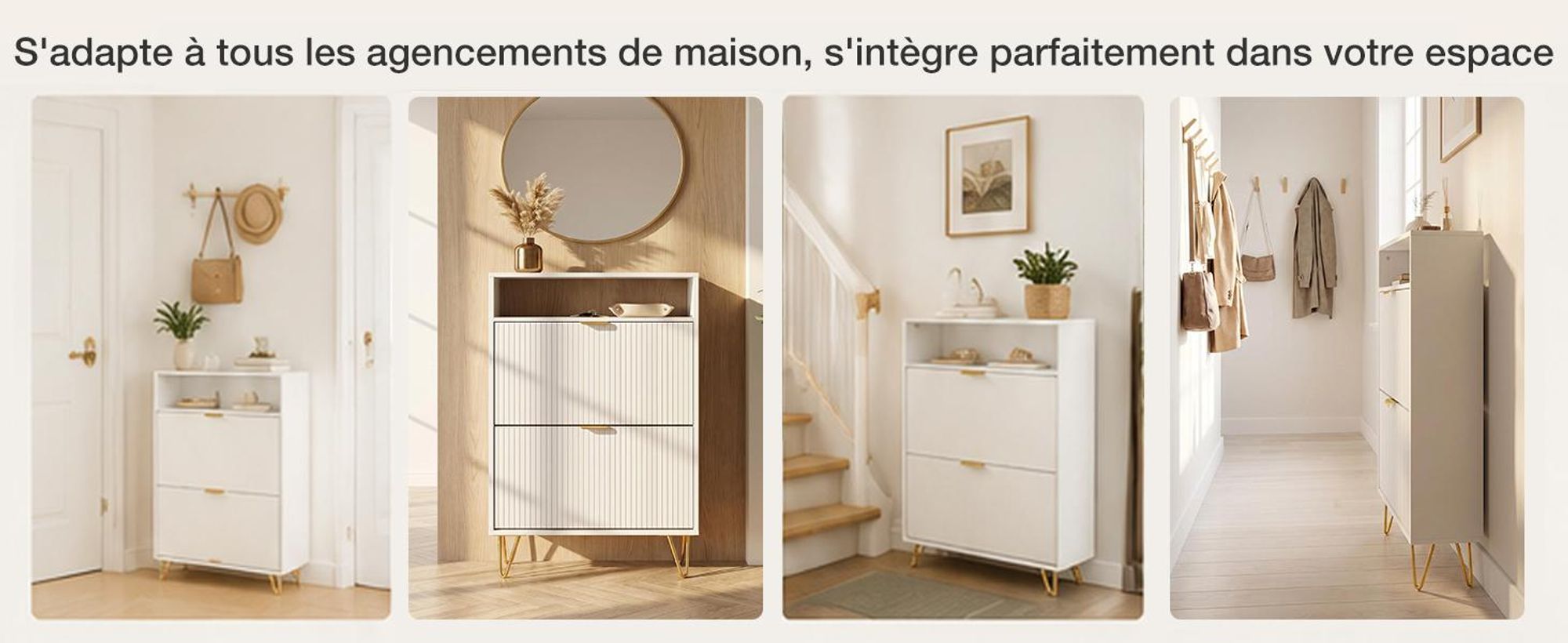 Meuble à Chaussures d'Entrée Blanc en Bois, 2 Portes Basculantes Structure métallique solide et grand rangement pour entrée et couloir, 101x60x26cm