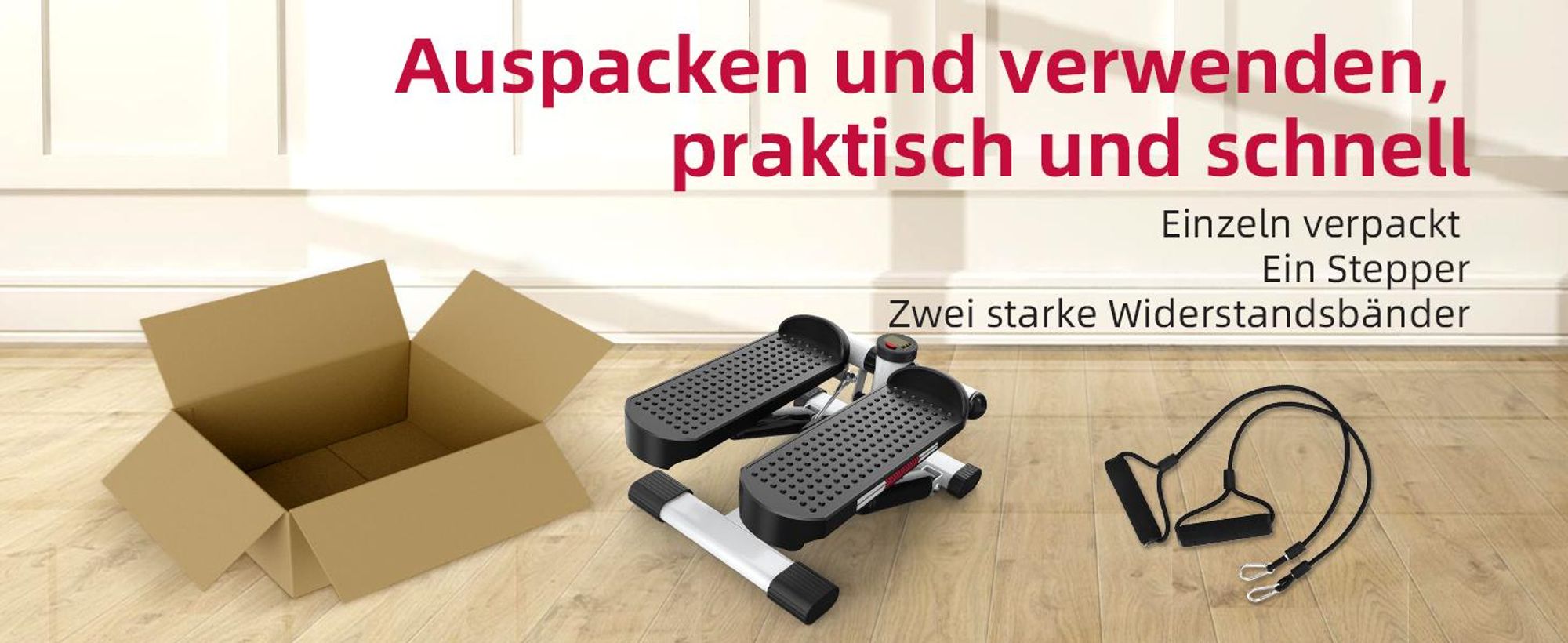 JASPORT ST1 Mini-Stepper, 2-in-1 mit Power Ropes, LCD, Einstellbarer Widerstand, für Bein- & Armtraining, Leise & Kompakt, max. 100kg Belastung ,weiß