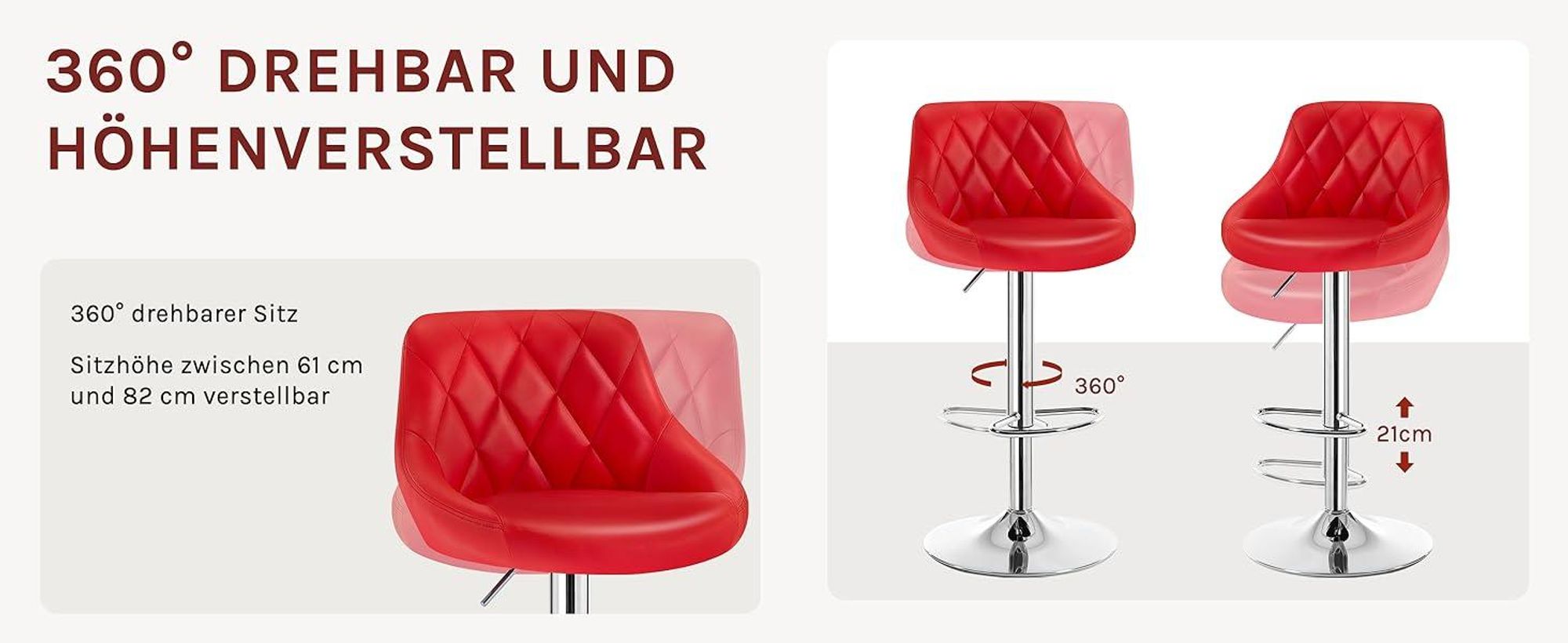 WOLTU 1er Set Barhocker Barstuhl leichte reinige Kunstleder, Gute gepolsterte Sitzfläche, Höhenverstellbar 360° Drehbar, Farbwahl, Rot