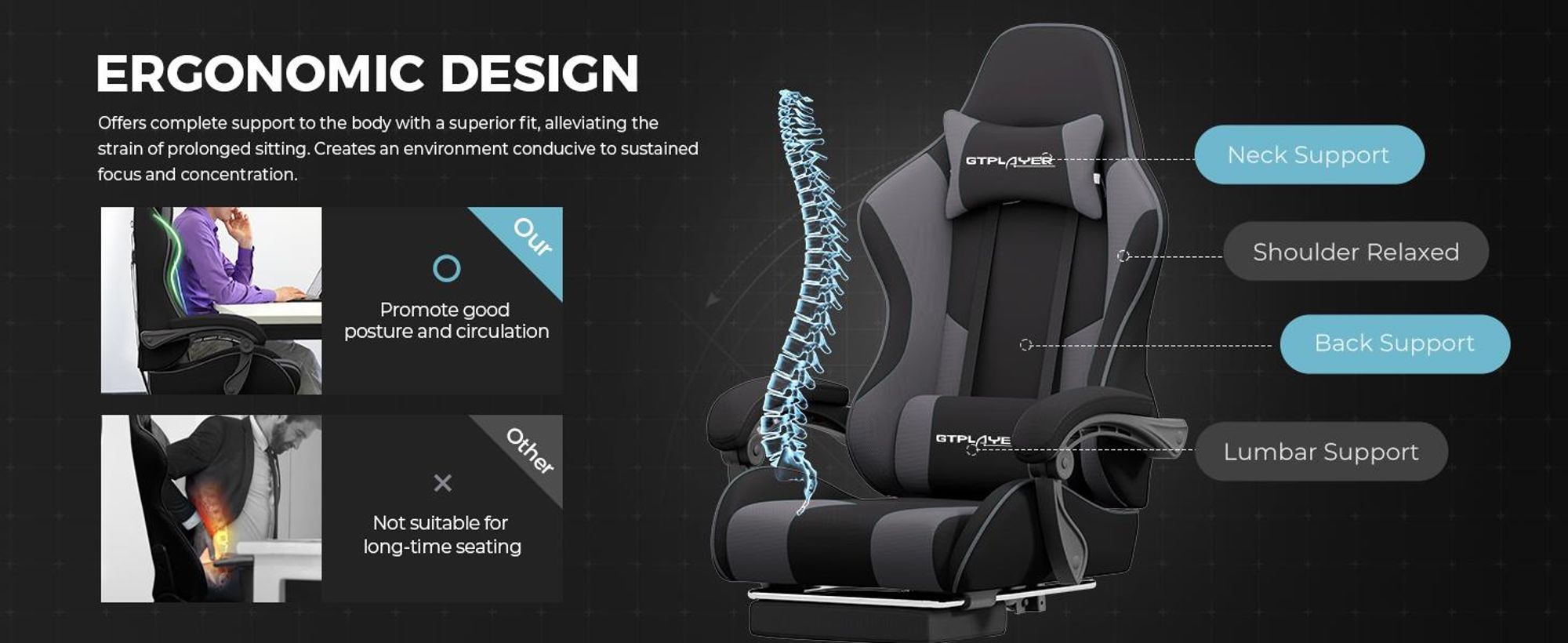 GTPLAYER Fotel biurowy Fotel do gier Fotel do gier z tkaniny Ergonomiczny fotel do gier z podnóżkiem, zagłówkiem i poduszką lędźwiową, wyściełany fote