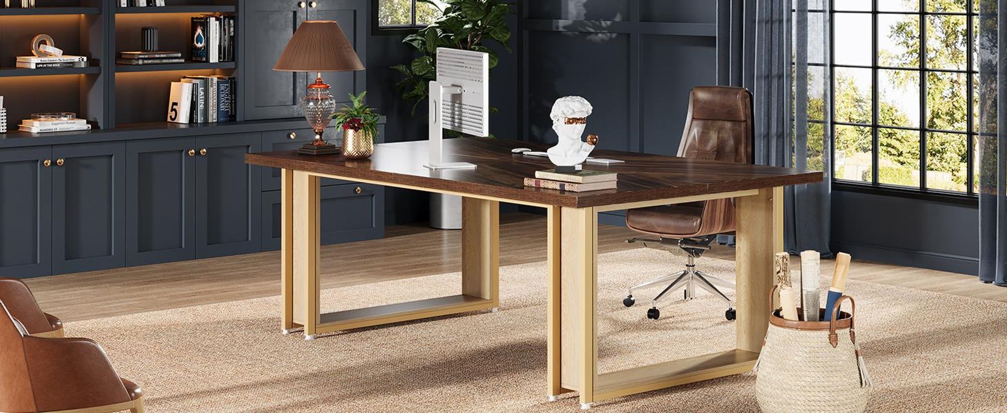 LITTLE TREE Schreibtisch 160cm für Büro, hölz einfacher Bürotisc, große Computertische Business-Arbeitsplatz mit Kufengestell Stabiler Metallrahmen