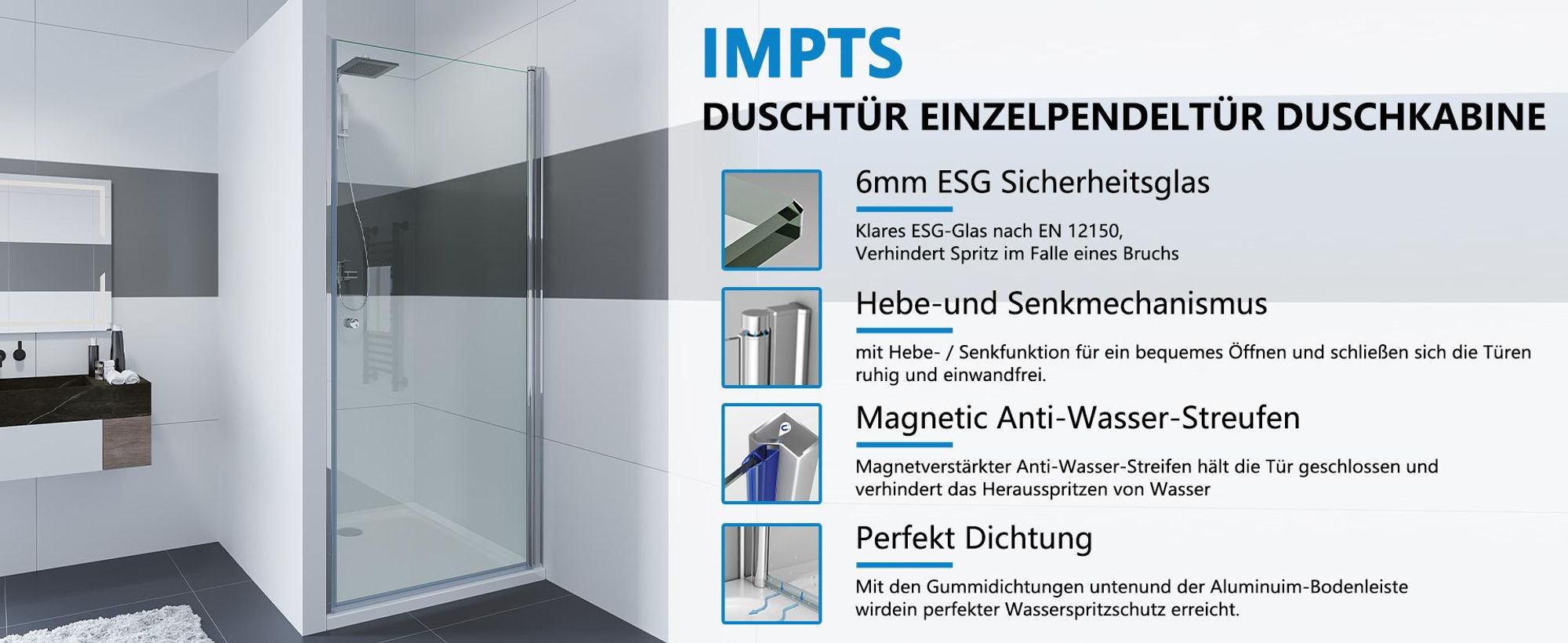 Duschtür 70cm Pendeltür Dusche Nischentür Drehtür Einzeltür Duschabtrennung Glas Schwingtür Nische,185cm Höhe