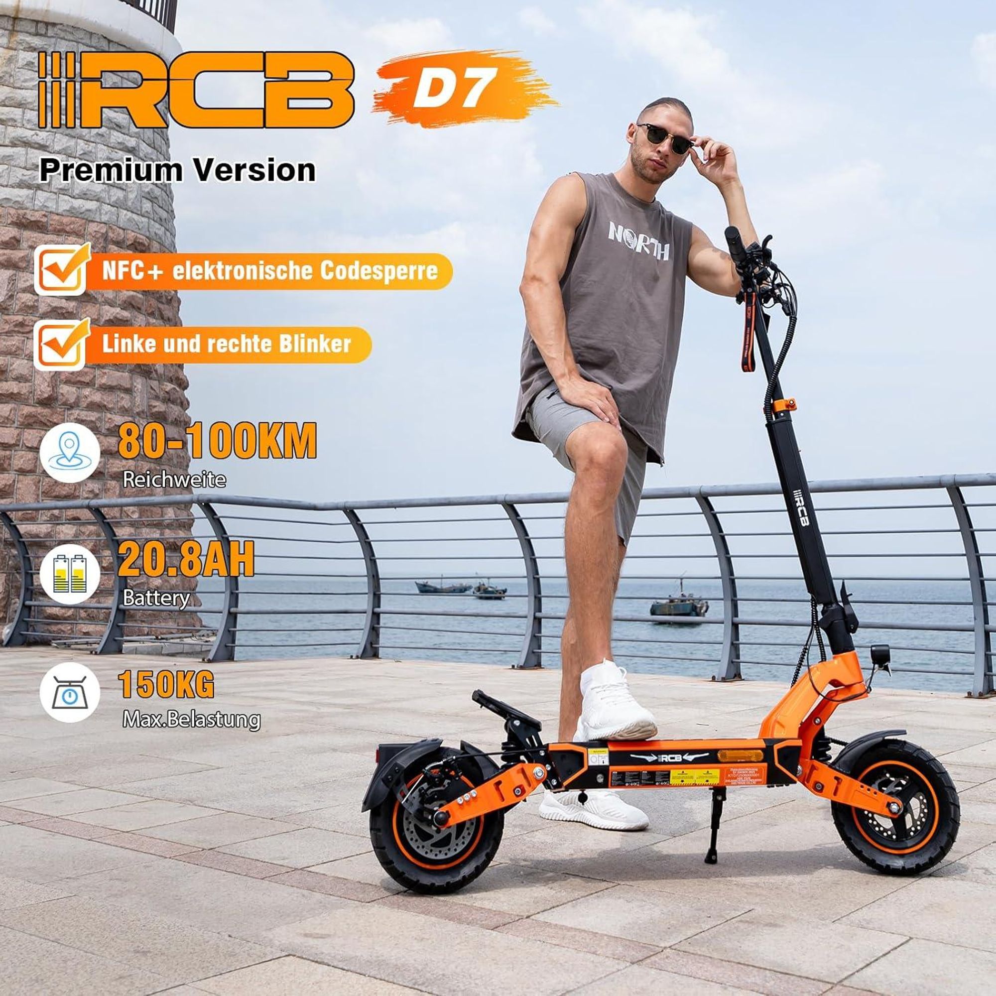 RCB D7 Ultra E-Scooter mit Straßenzulassung bis 1600W 20,8 Ah NFC Blinker App bis 100 km Reichweite App