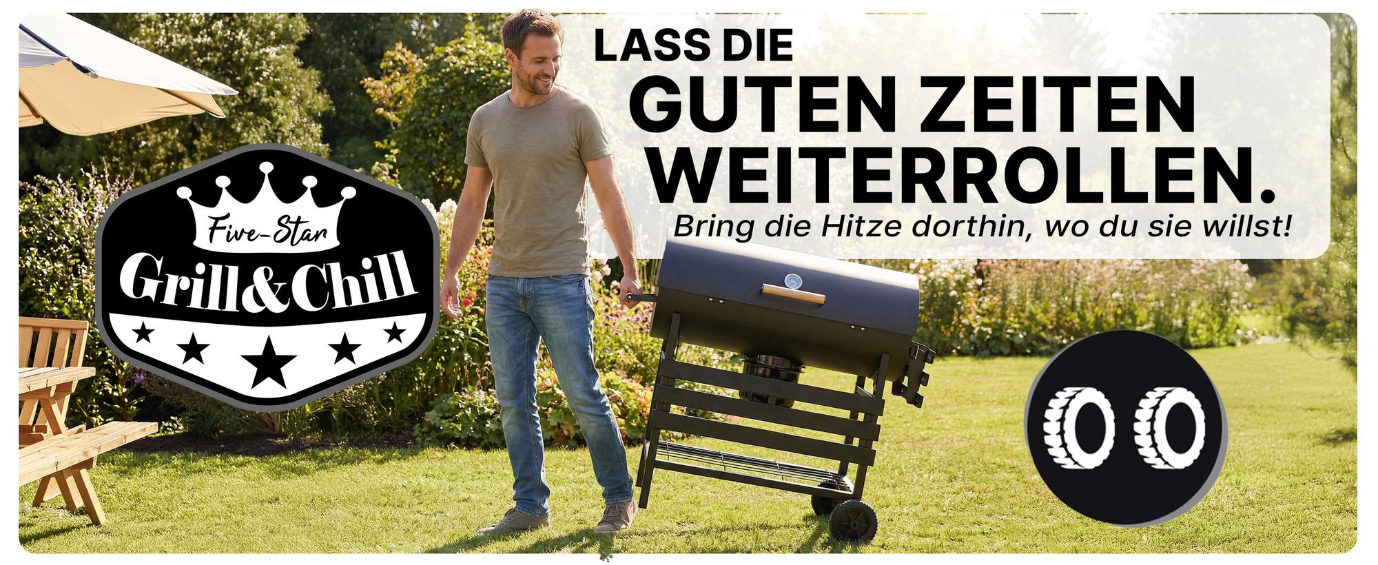 Grill & Chill Gartengrill, Holzkohlegrill - großer Chromrost 71×35 cm, Deckel, Aschekasten, Thermometer, Zwei Transporträder, GC0002