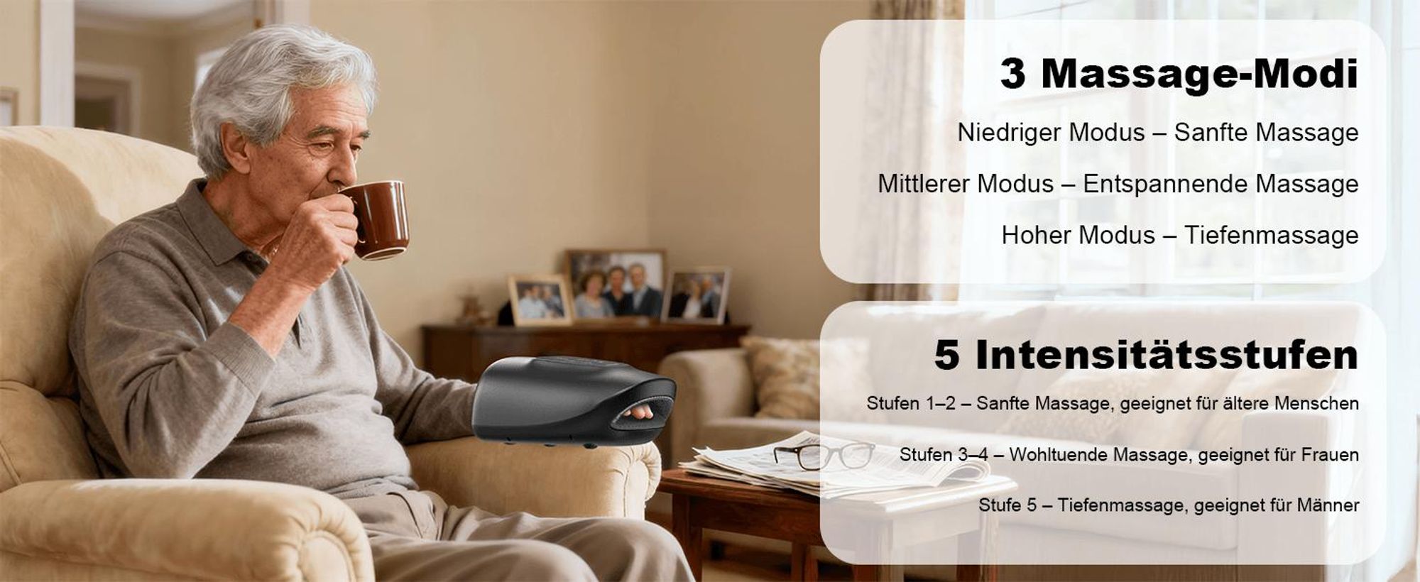 Intelligentes Handmassagegerät mit Wärme- und Kompressionsfunktion 3 Massageprogramme, 4 Temperatureinstellungen, 5 Kompressionsmuster Therapeutische