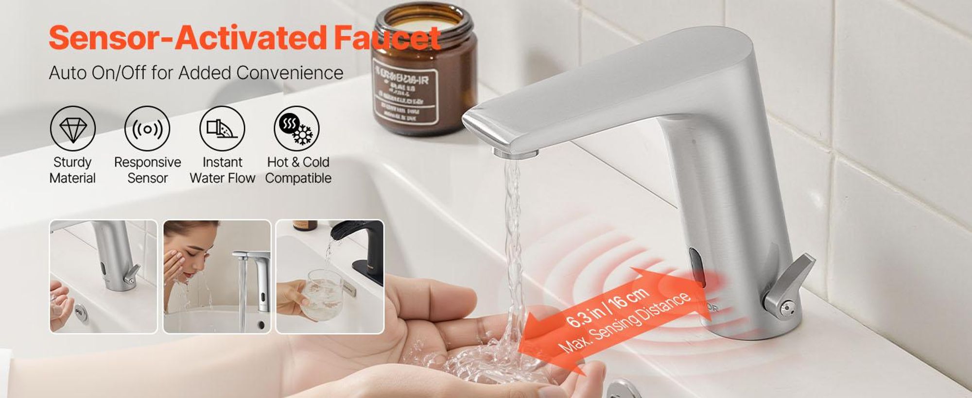 VEVOR Berührungslose Badezimmer-Wasserhahn, Automatischer Bewegungssensor-WC-Wasserhahn mit Lochabdeckplatte, Batteriebetrieben, Einstellbare Temperatur für 9,5 mm Rohr Gewerblicher Waschbecken, Matt Schwarz, Dual Control-i, Quadratischer Kopf L-Form